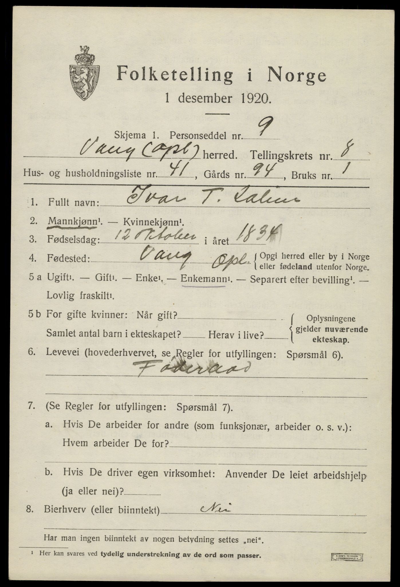 SAH, 1920 census for Vang (Oppland), 1920, p. 3855