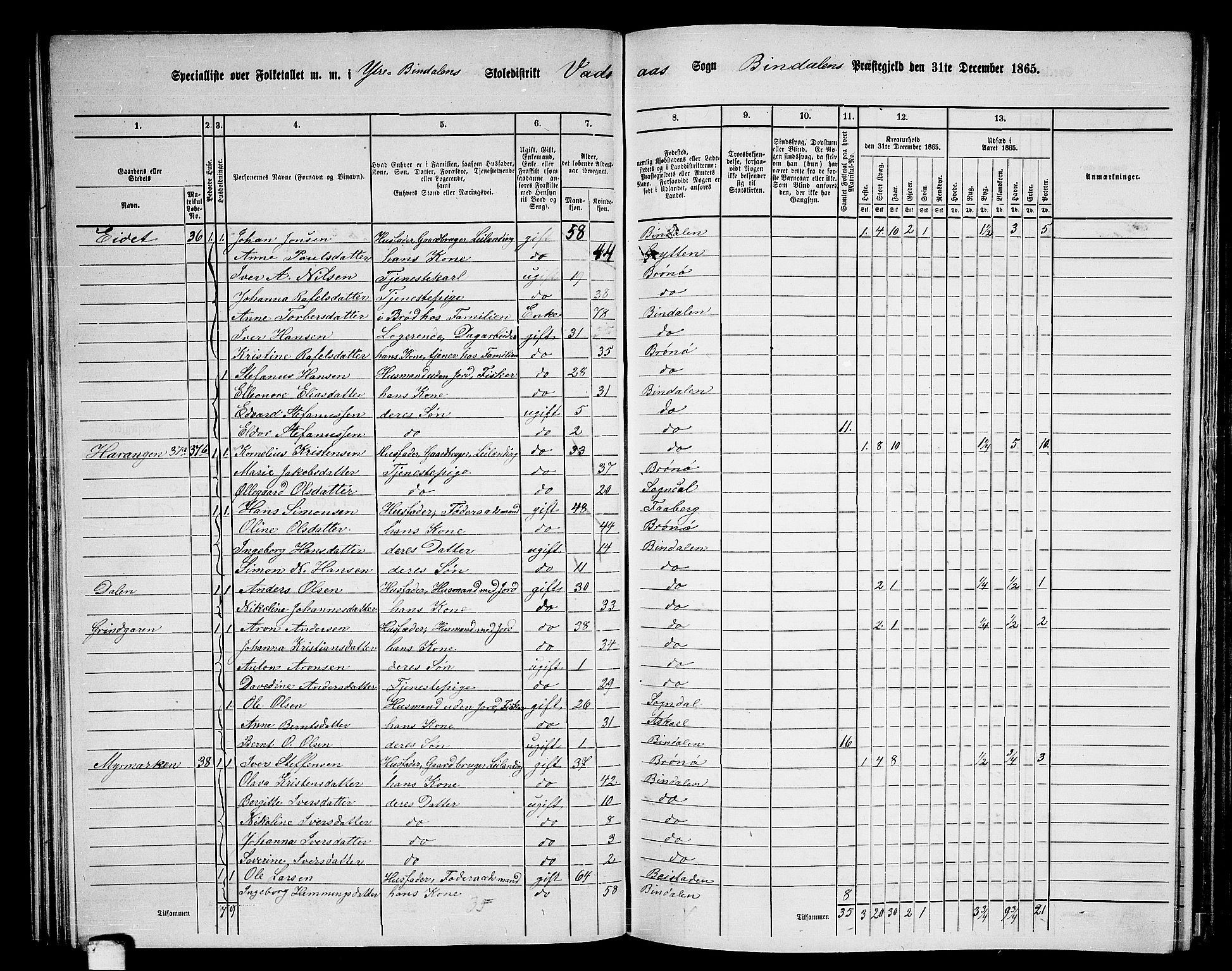 RA, 1865 census for Bindal, 1865, p. 44