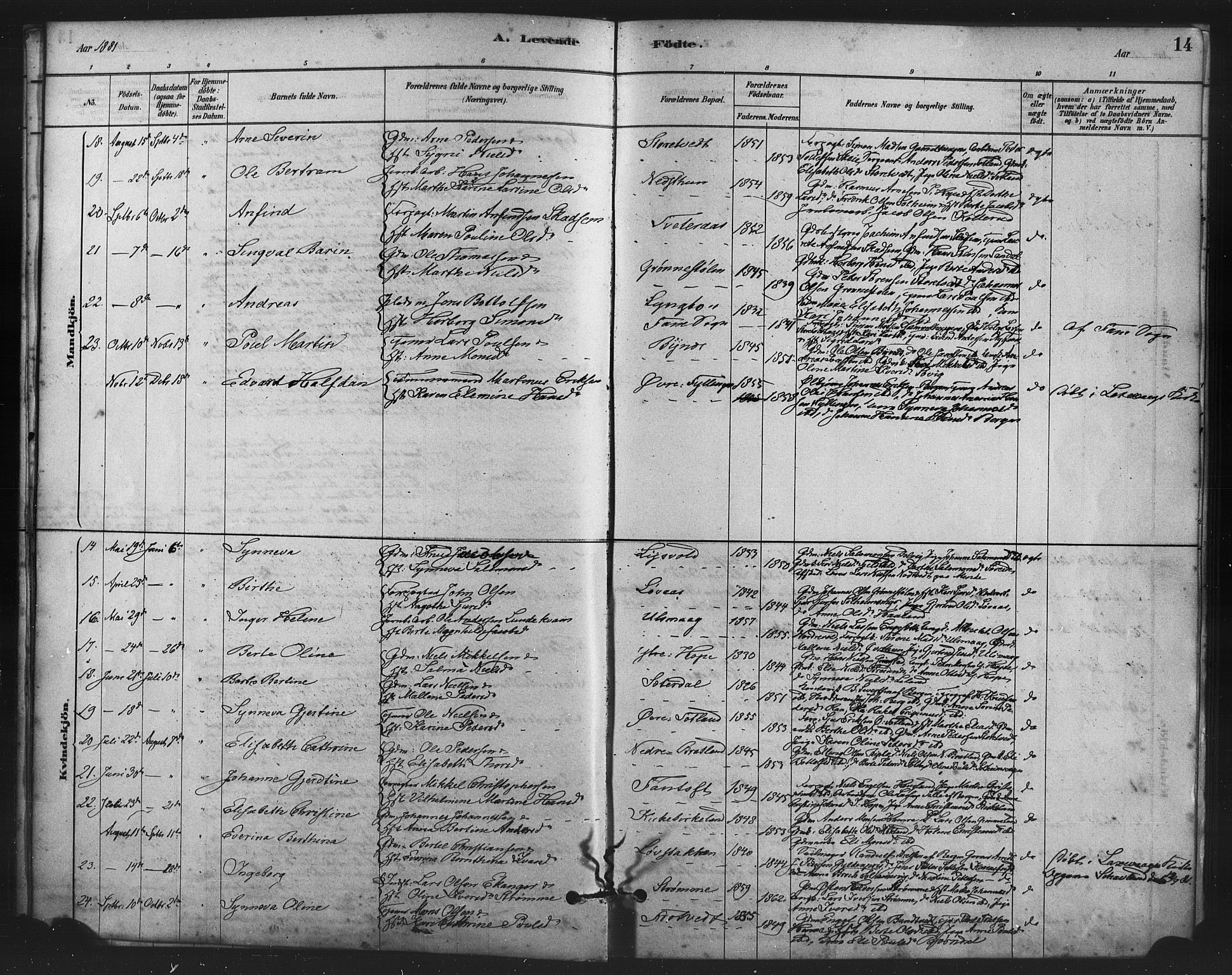 Fana Sokneprestembete, SAB/A-75101/H/Haa/Haai/L0001: Parish register (official) no. I 1, 1878-1888, p. 14