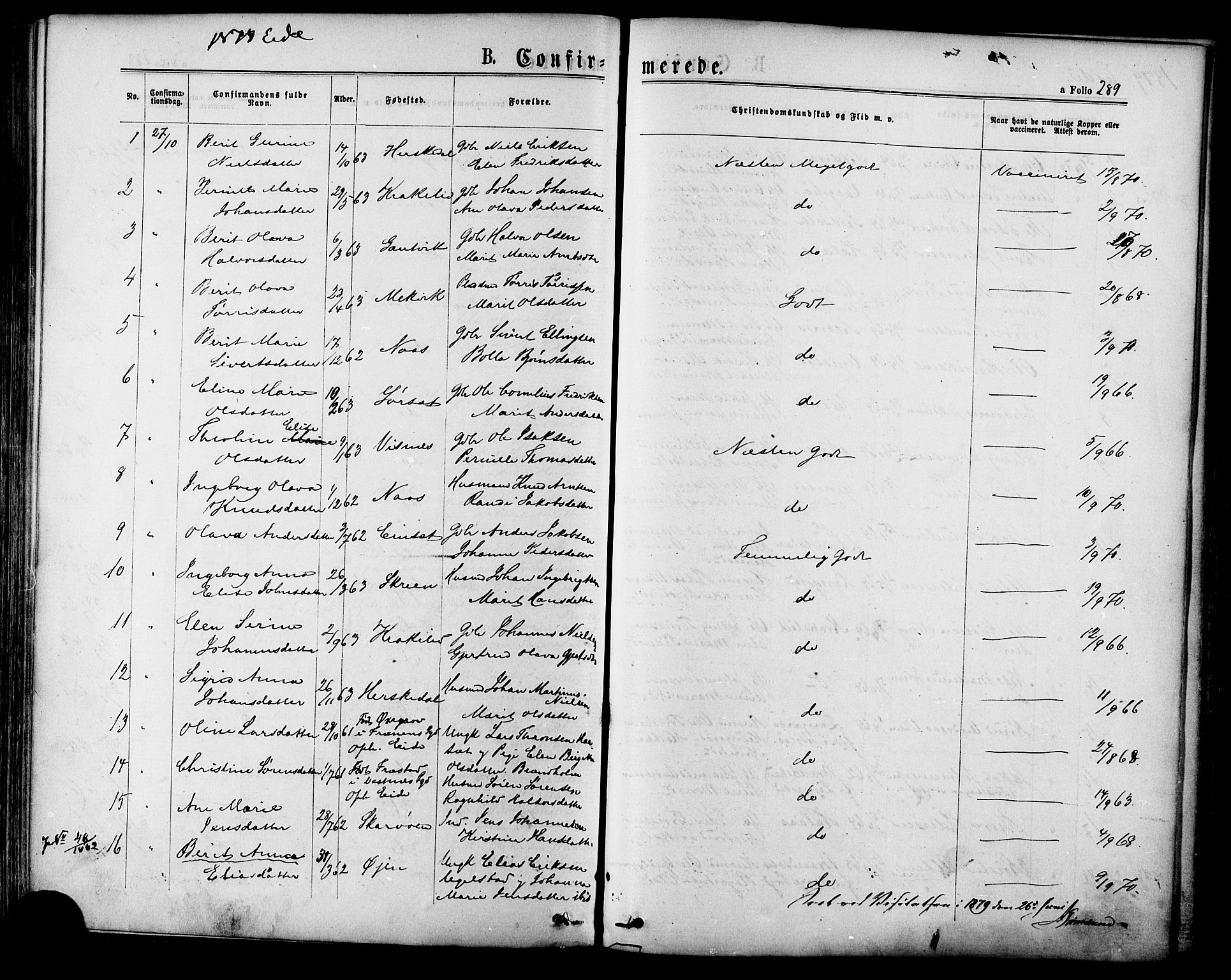 Ministerialprotokoller, klokkerbøker og fødselsregistre - Møre og Romsdal, AV/SAT-A-1454/568/L0806: Parish register (official) no. 568A12 /4, 1878-1884, p. 289