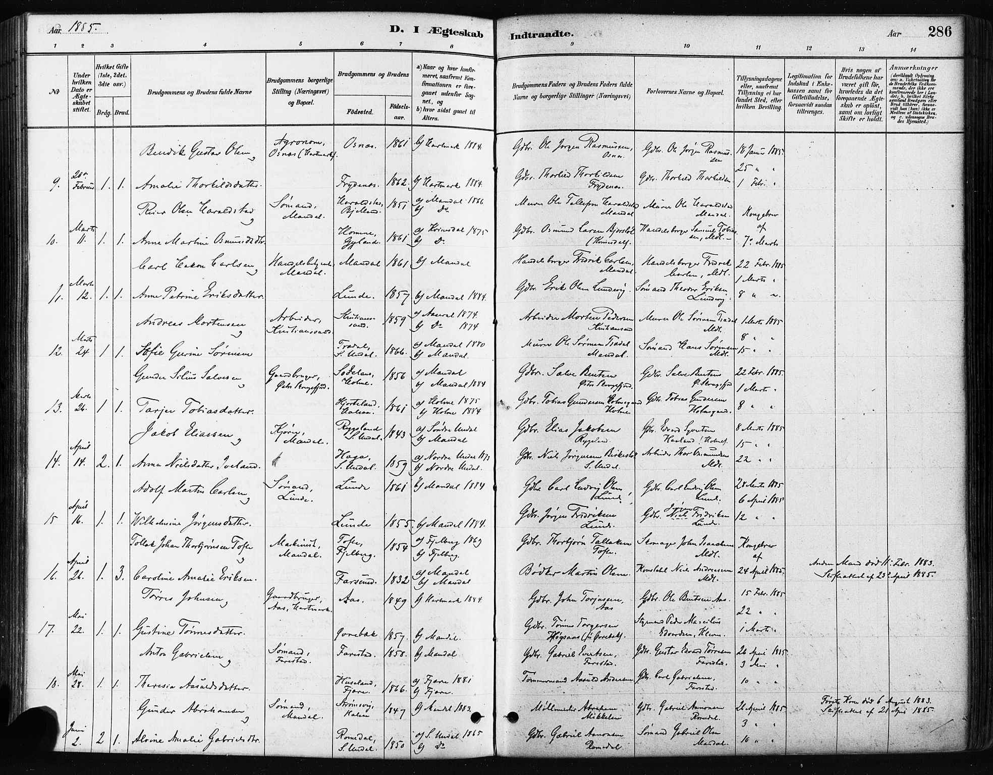 Mandal sokneprestkontor, AV/SAK-1111-0030/F/Fa/Faa/L0016: Parish register (official) no. A 16, 1880-1890, p. 286