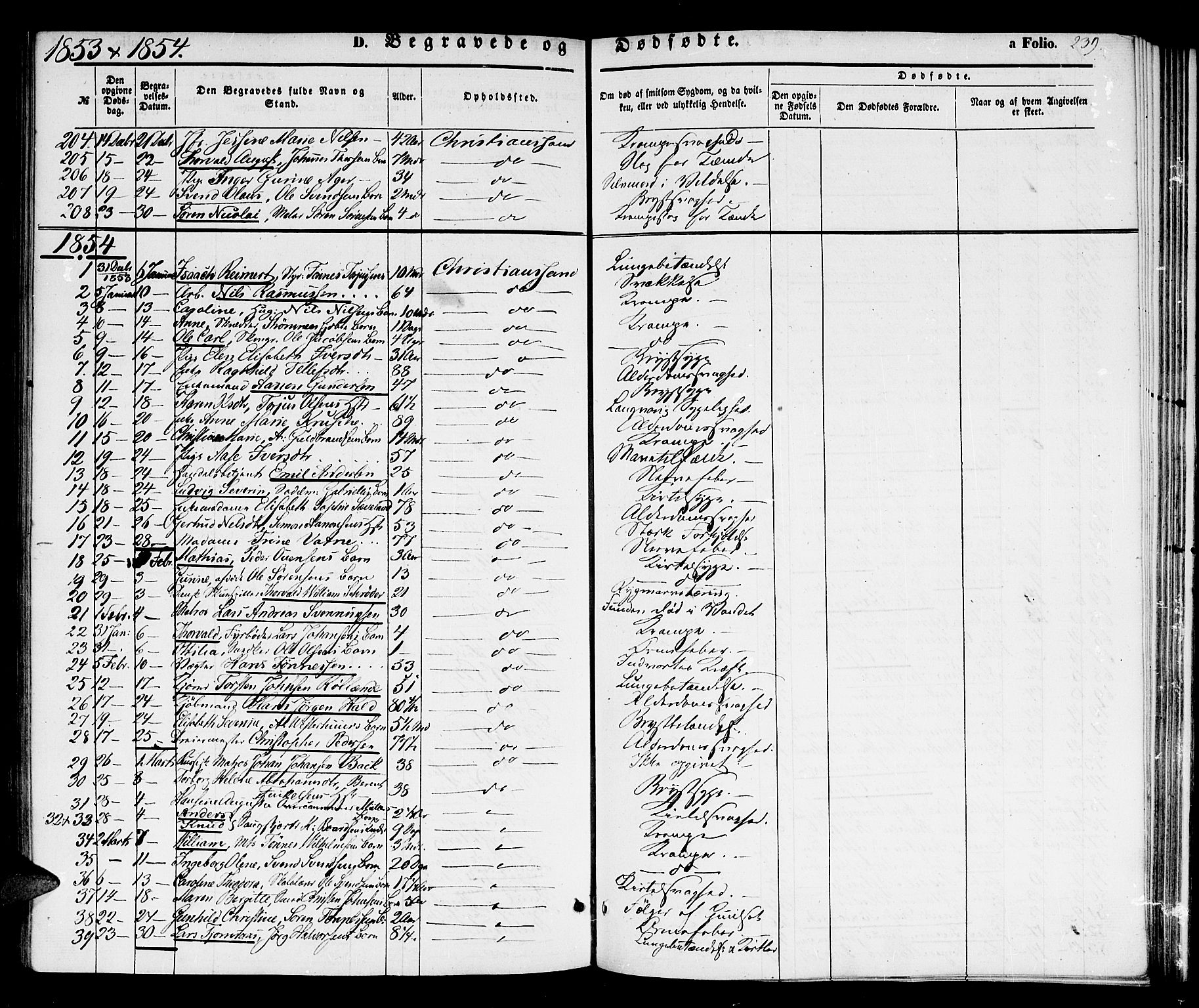 Kristiansand domprosti, SAK/1112-0006/F/Fb/L0011: Parish register (copy) no. B 11, 1851-1861, p. 239