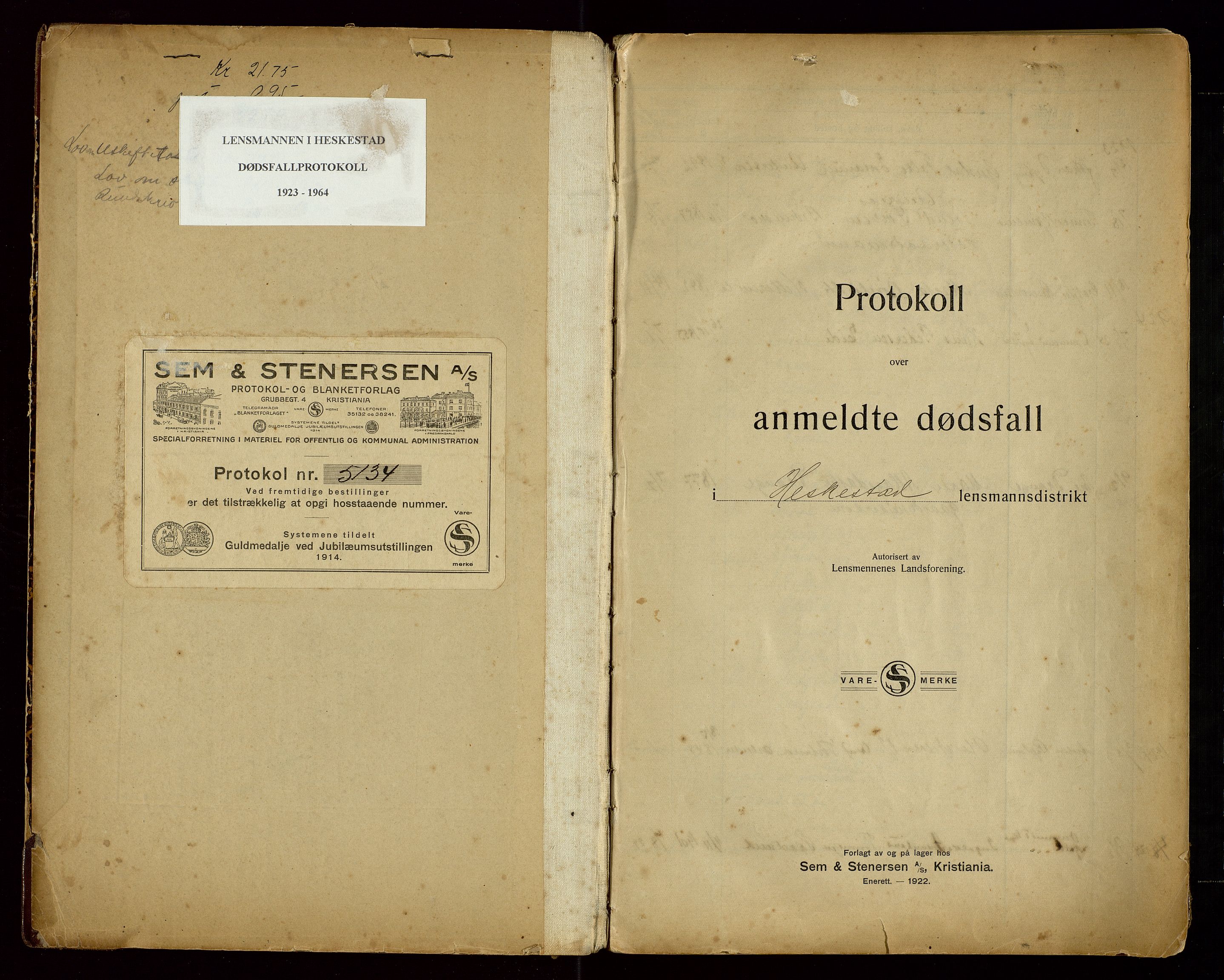 Heskestad lensmannskontor, SAST/A-100304/Gga/L0001: "Protokoll over anmeldte dødsfall", 1923-1964