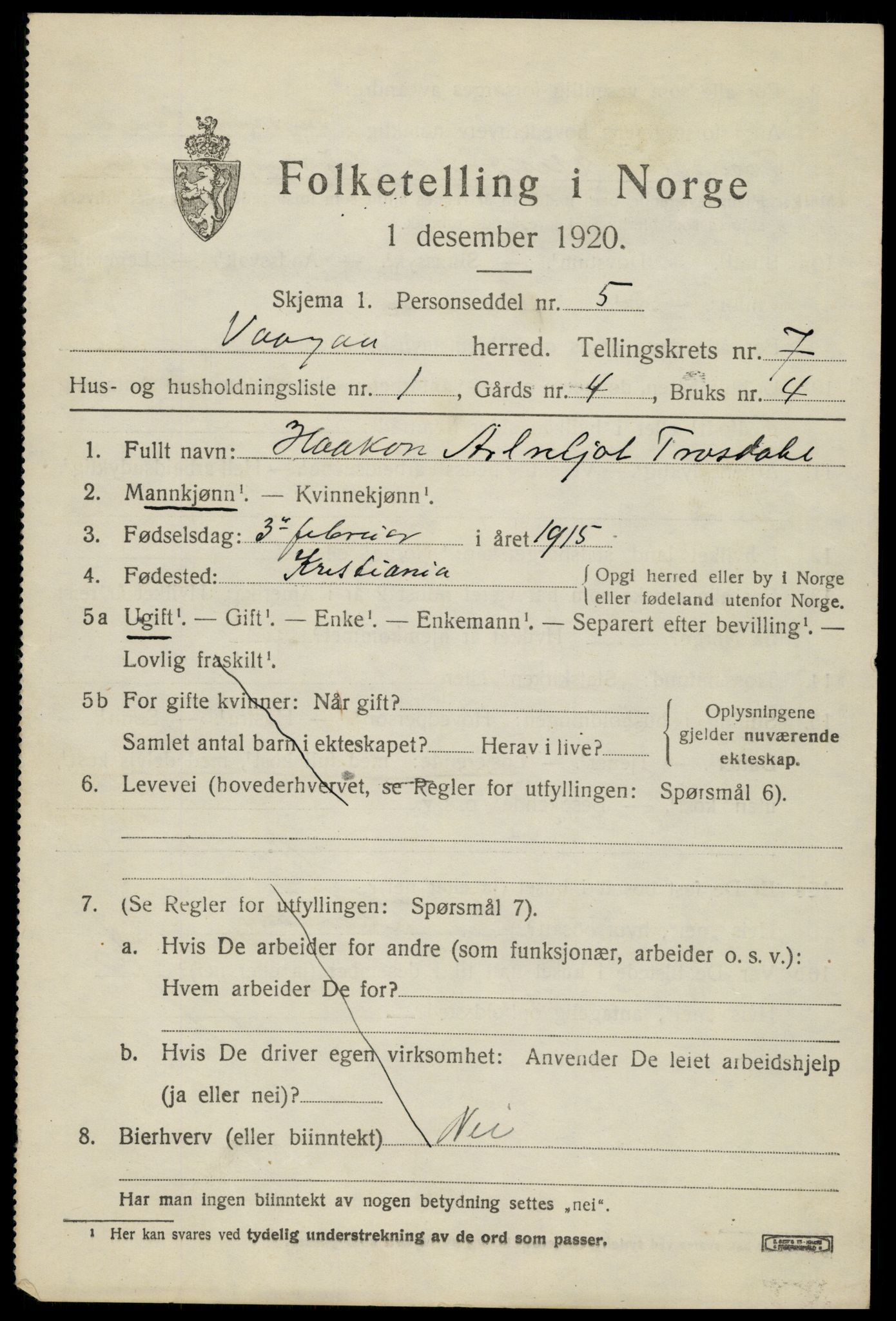 SAH, 1920 census for Vågå, 1920, p. 5306