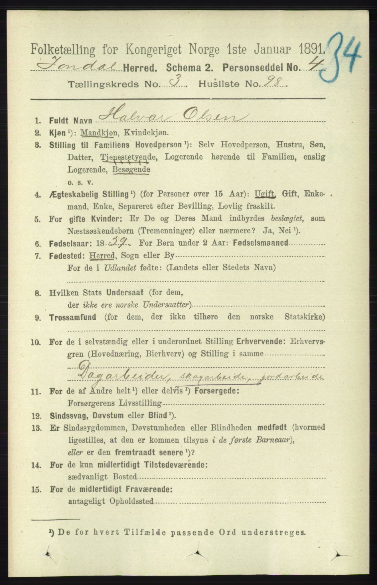 RA, 1891 census for 1227 Jondal, 1891, p. 1900