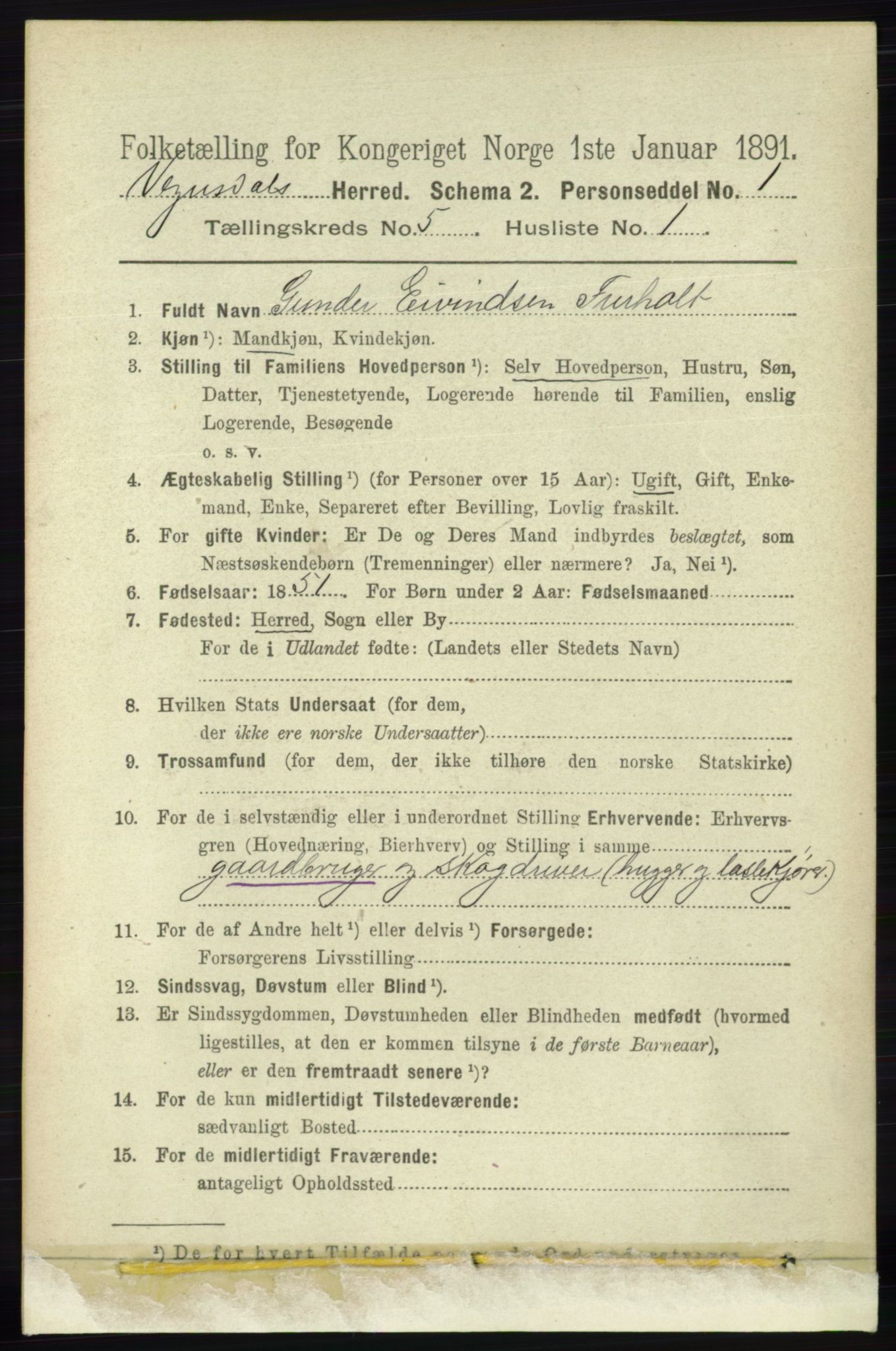 RA, 1891 census for 0934 Vegusdal, 1891, p. 885