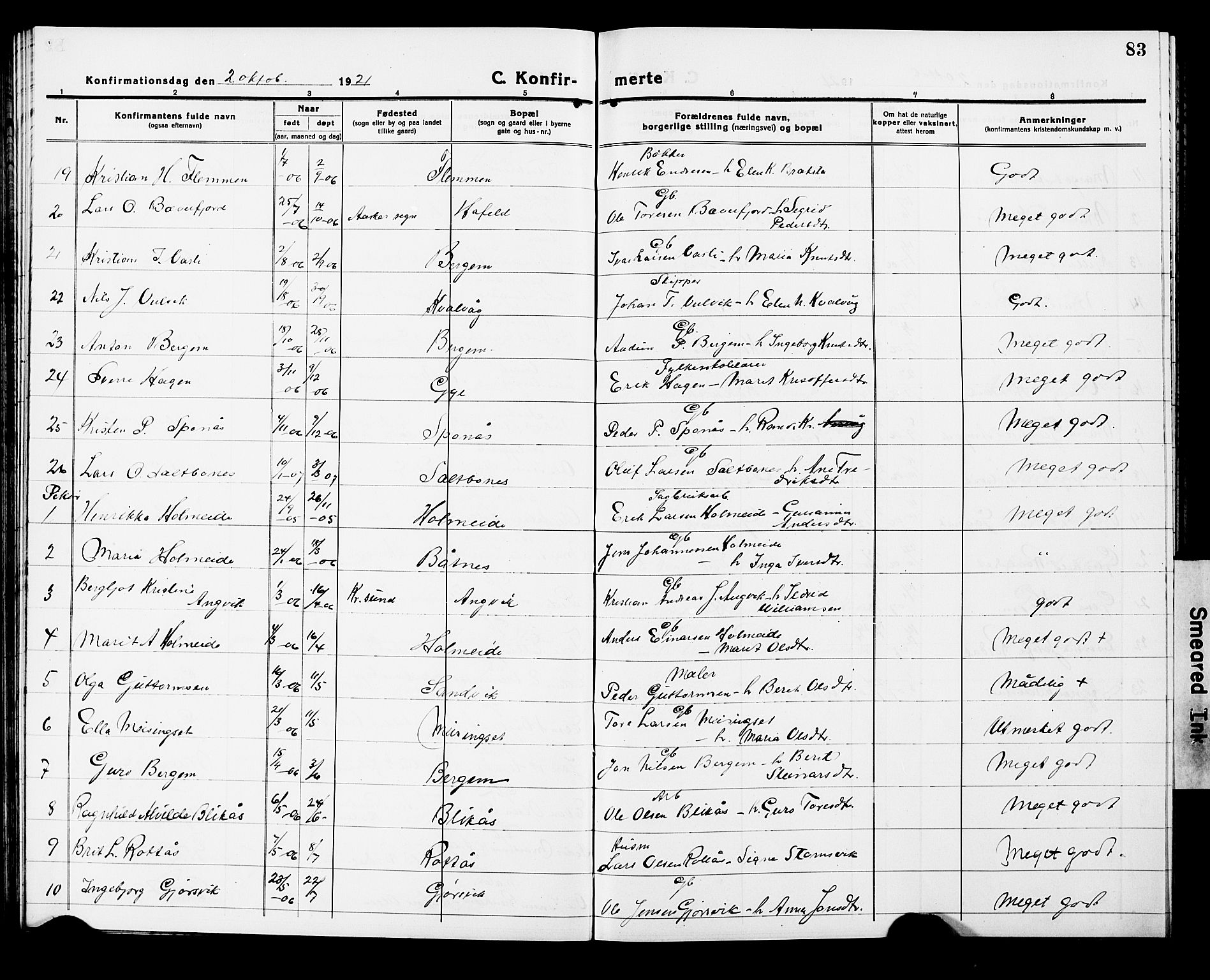 Ministerialprotokoller, klokkerbøker og fødselsregistre - Møre og Romsdal, AV/SAT-A-1454/586/L0994: Parish register (copy) no. 586C05, 1919-1927, p. 83