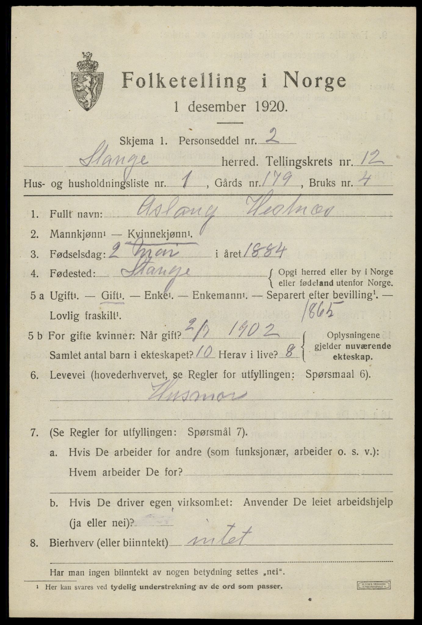 SAH, 1920 census for Stange, 1920, p. 18271