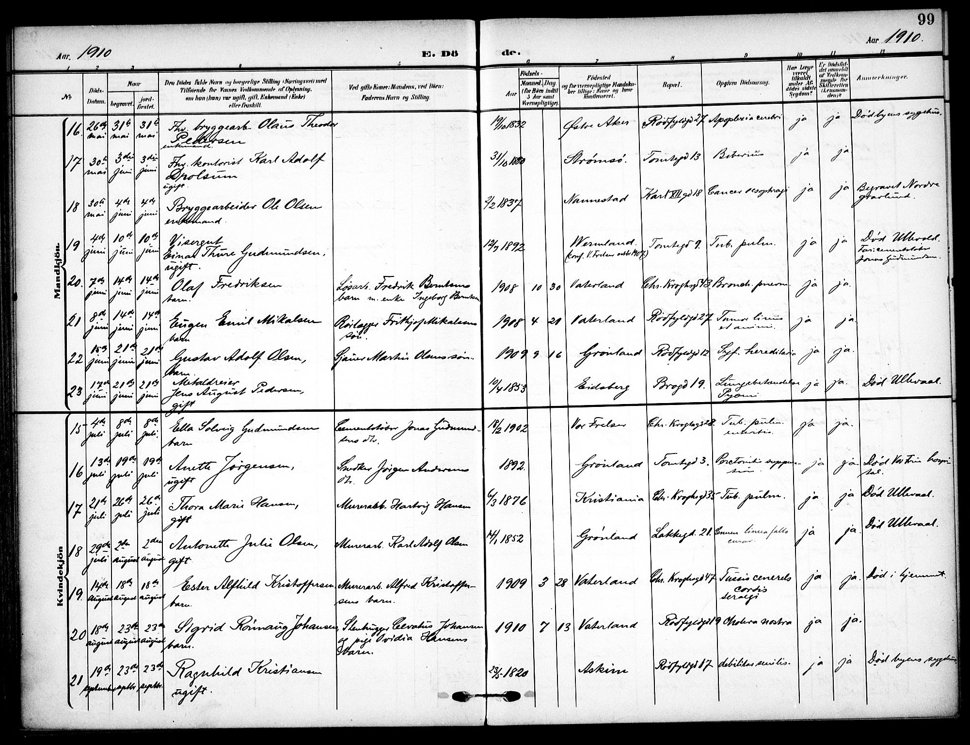 Vaterland prestekontor Kirkebøker, AV/SAO-A-10880/F/Fa/L0002: Parish register (official) no. 2, 1907-1921, p. 99