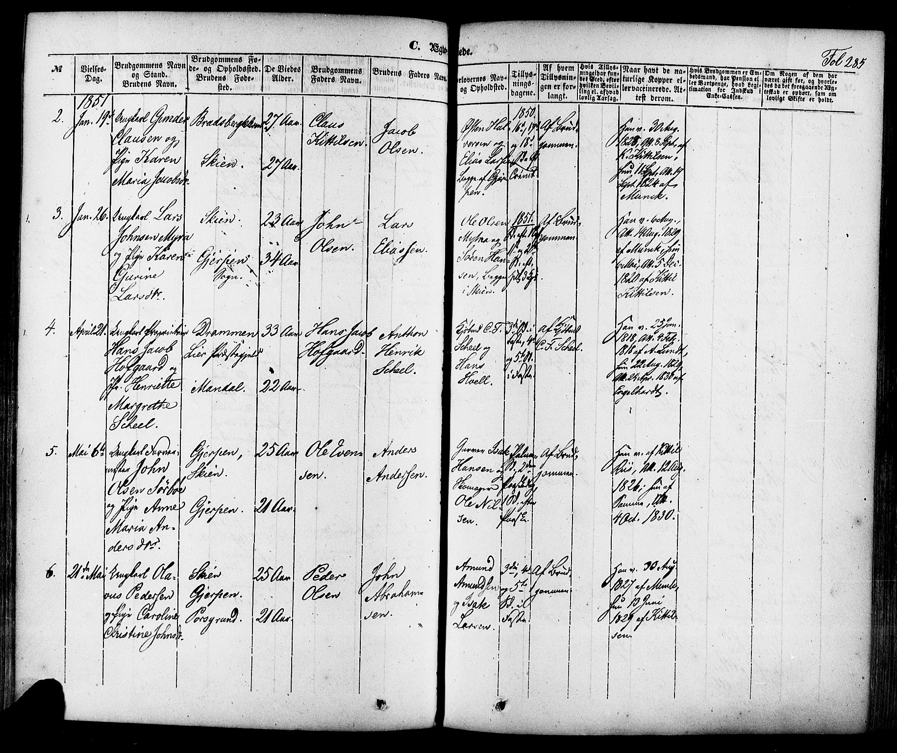 Skien kirkebøker, SAKO/A-302/F/Fa/L0006a: Parish register (official) no. 6A, 1843-1856, p. 285
