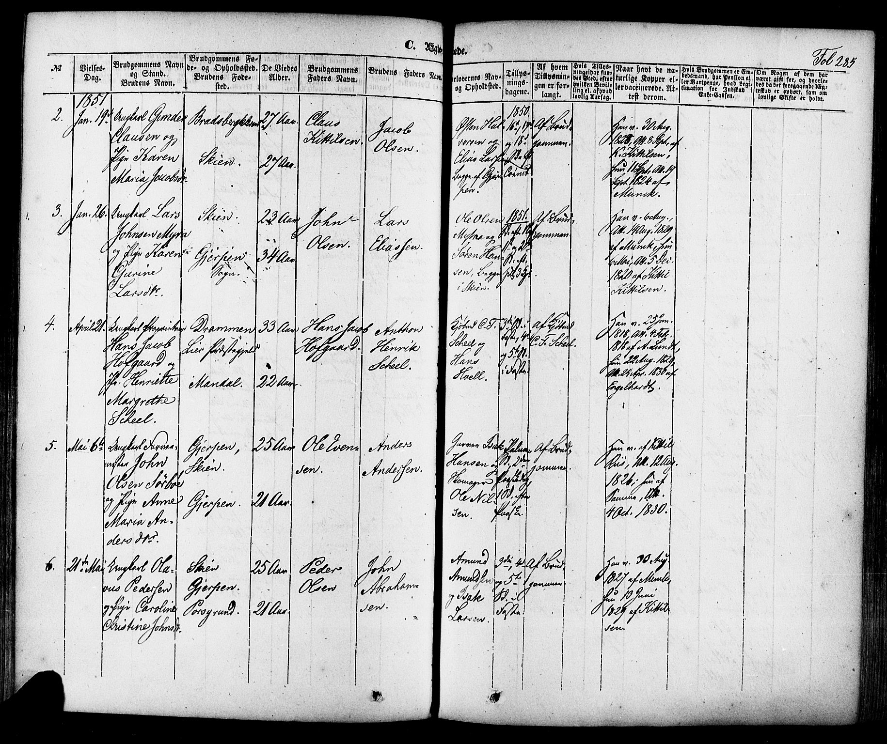 Skien kirkebøker, AV/SAKO-A-302/F/Fa/L0006a: Parish register (official) no. 6A, 1843-1856, p. 285