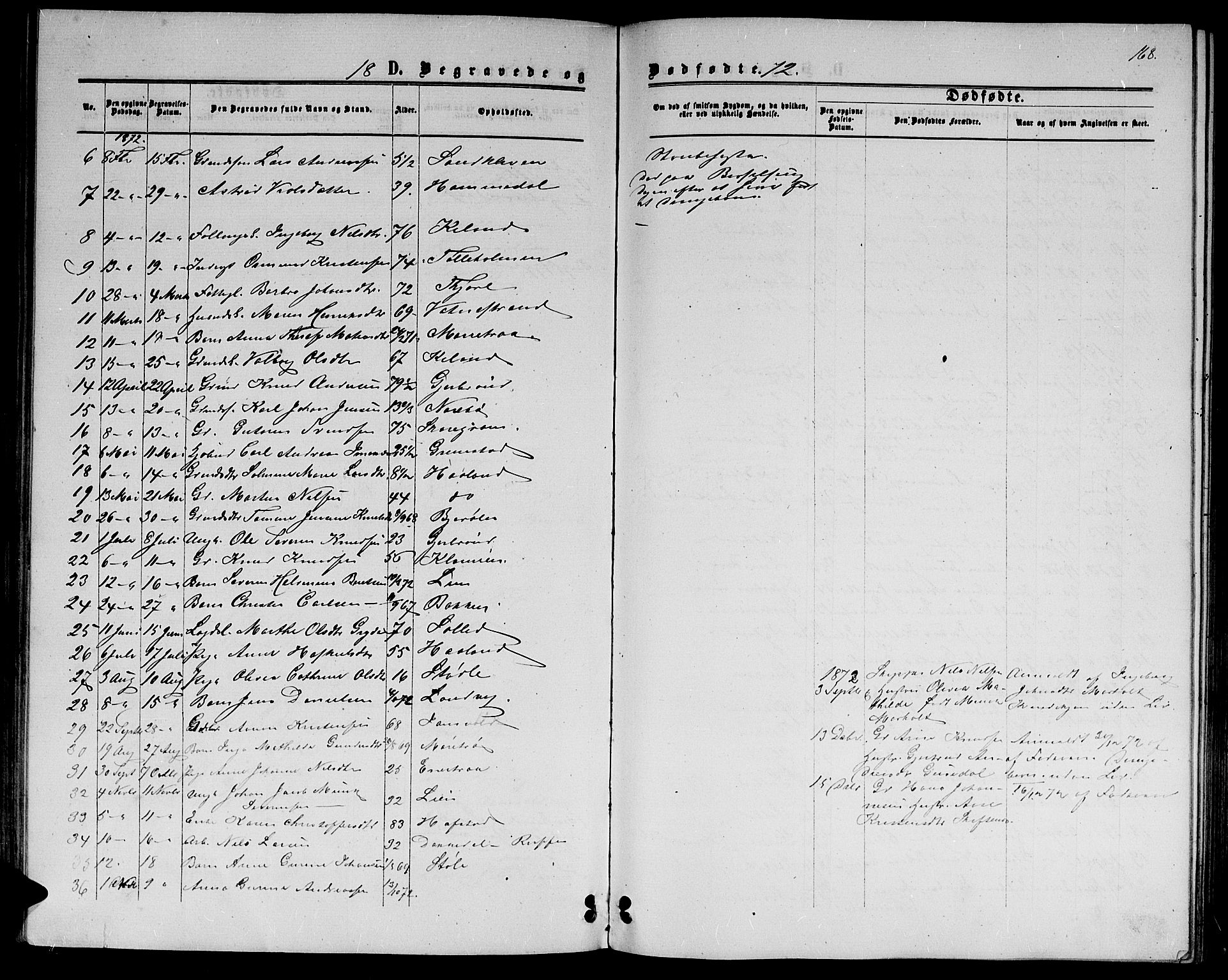 Hommedal sokneprestkontor, AV/SAK-1111-0023/F/Fb/Fbb/L0006: Parish register (copy) no. B 6, 1869-1884, p. 168