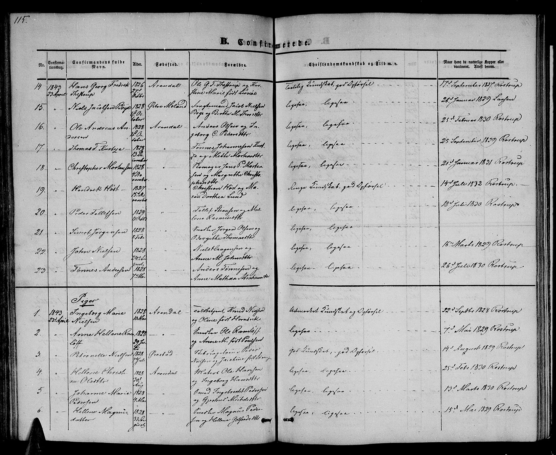Arendal sokneprestkontor, Trefoldighet, AV/SAK-1111-0040/F/Fb/L0002: Parish register (copy) no. B 2, 1838-1860, p. 115