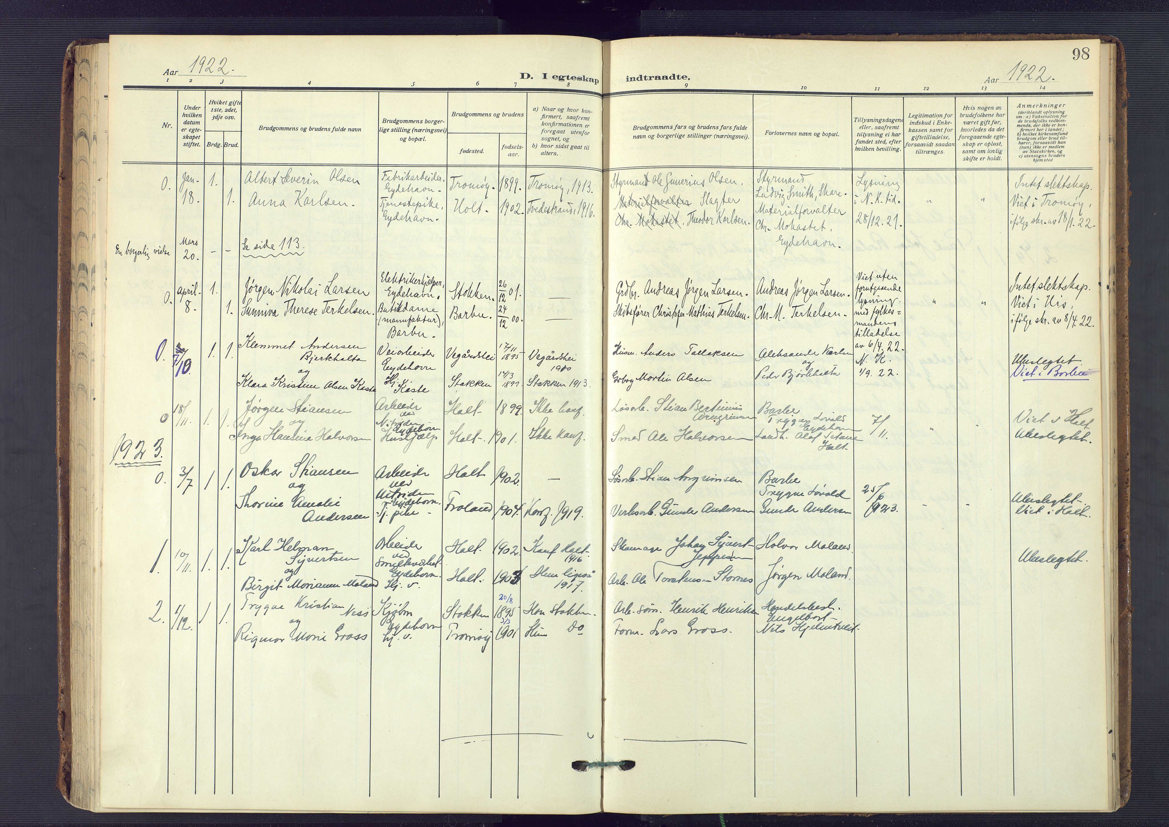 Austre Moland sokneprestkontor, SAK/1111-0001/F/Fa/Fab/L0003: Parish register (official) no. A 3, 1914-1927, p. 98