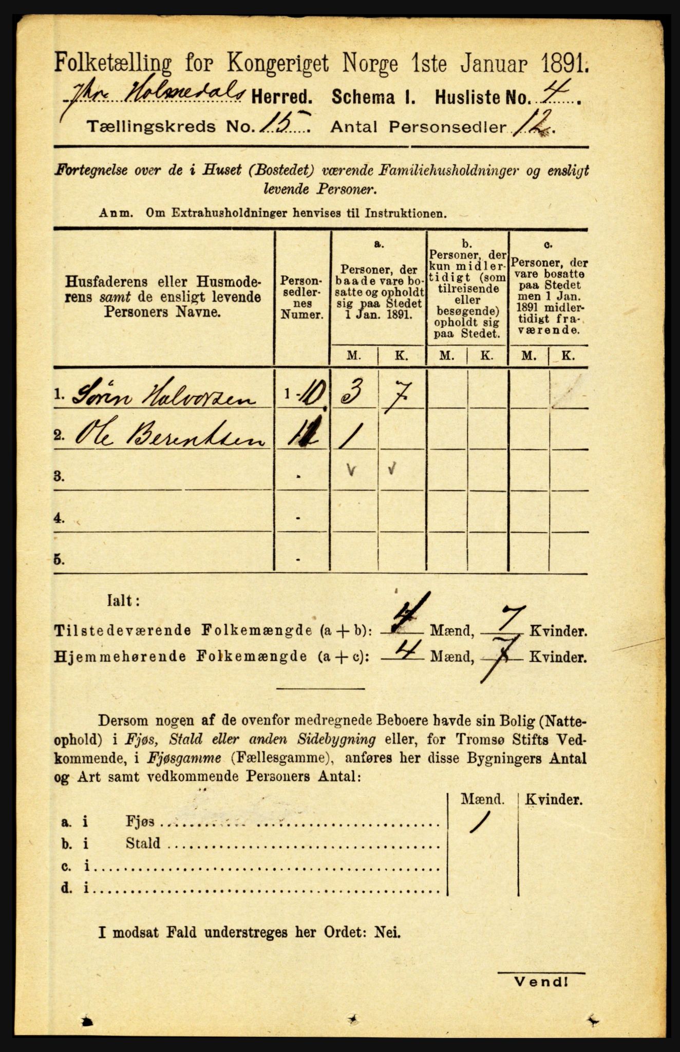 RA, 1891 census for 1429 Ytre Holmedal, 1891, p. 3960