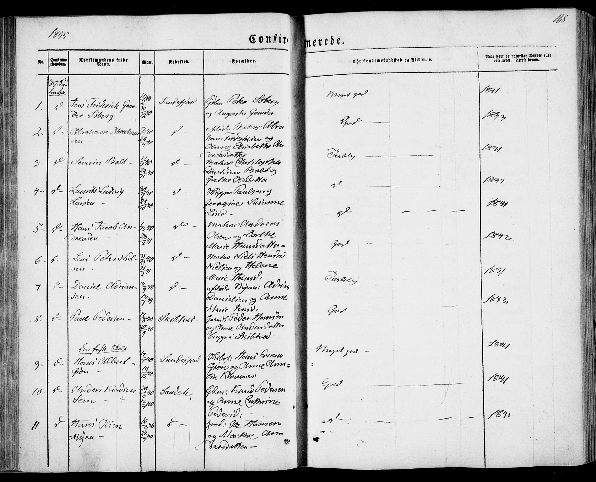 Sandar kirkebøker, SAKO/A-243/F/Fa/L0007: Parish register (official) no. 7, 1855-1861, p. 168