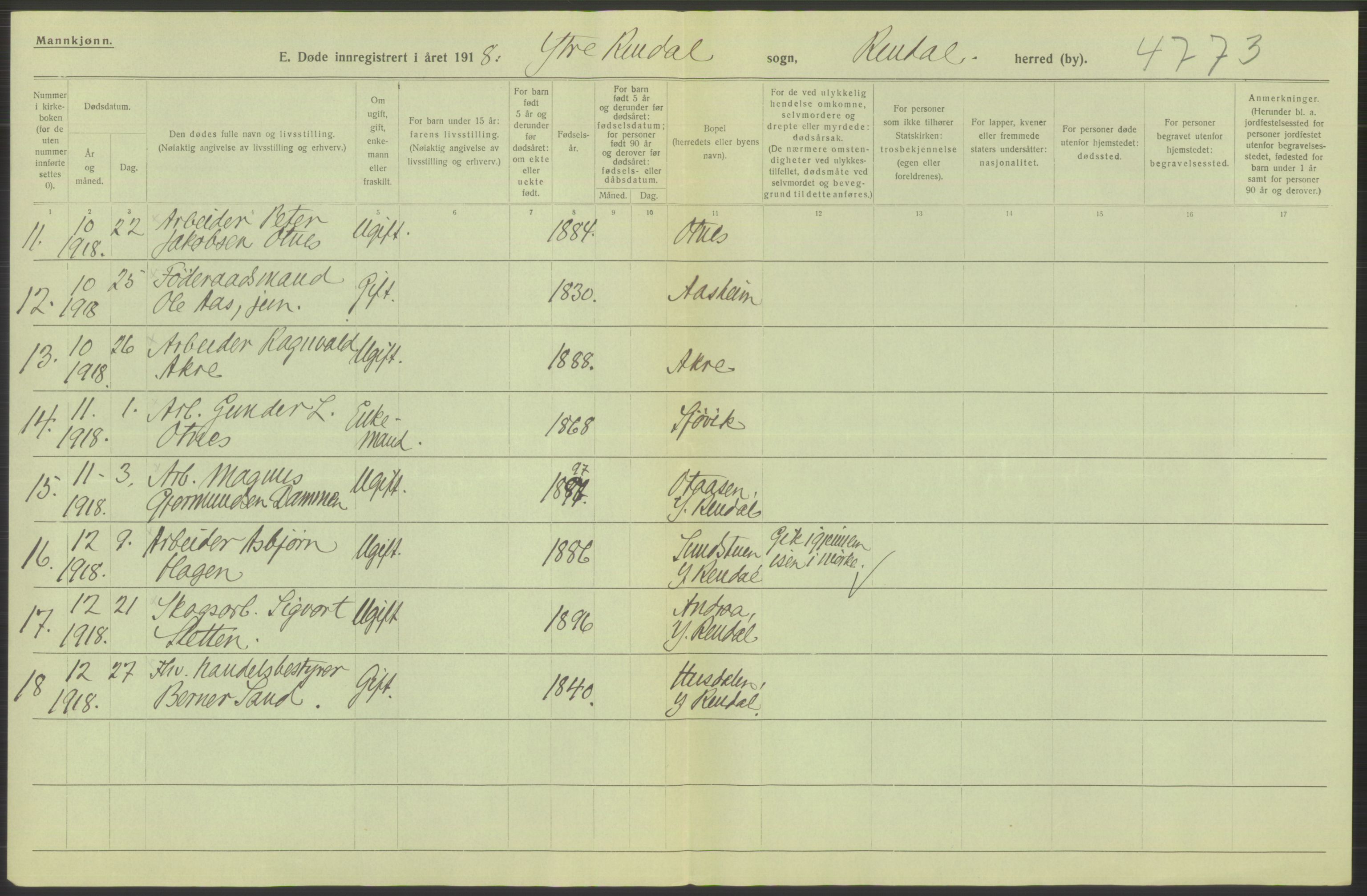 Statistisk sentralbyrå, Sosiodemografiske emner, Befolkning, AV/RA-S-2228/D/Df/Dfb/Dfbh/L0014: Hedemarkens fylke: Døde. Bygder og byer., 1918, p. 586