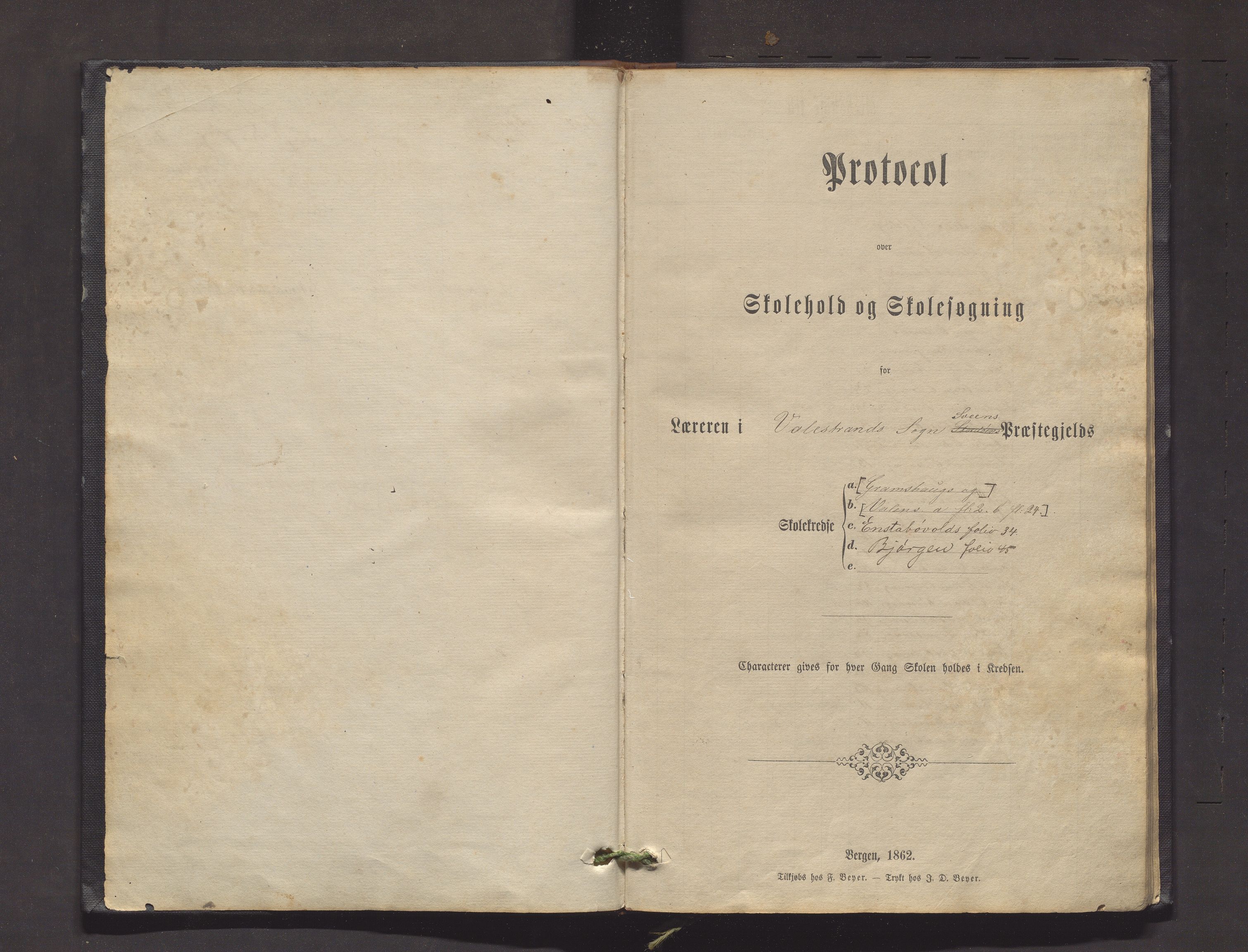 Valestrand kommune. Barneskulane, IKAH/1217-231/F/Fa/L0001: Skuleprotokoll for Gramshaug, Haugsgjerd, Enstabøvoll, Bjørgen og Valen krinsar i Sveen prestegjeld, 1863-1890, p. 1