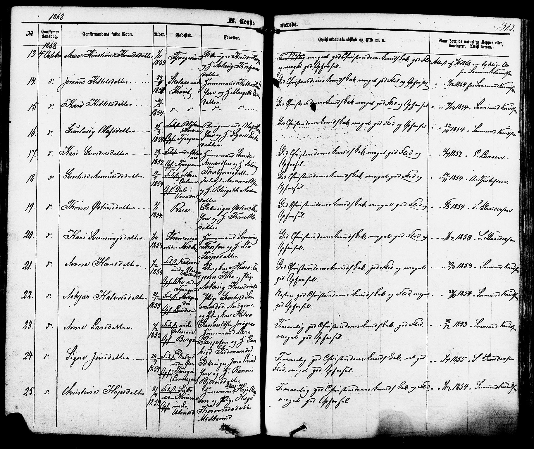 Kviteseid kirkebøker, SAKO/A-276/F/Fa/L0007: Parish register (official) no. I 7, 1859-1881, p. 303