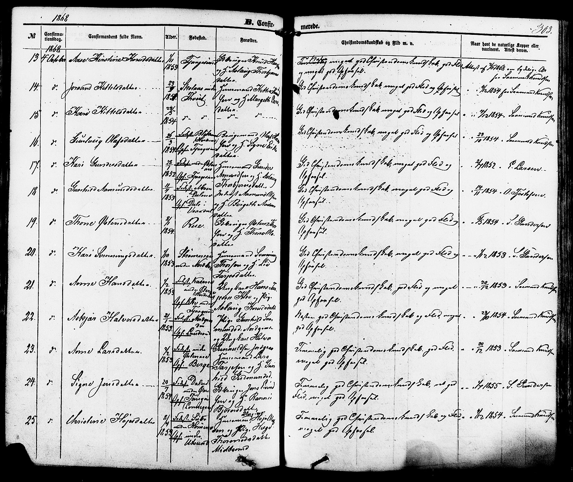 Kviteseid kirkebøker, AV/SAKO-A-276/F/Fa/L0007: Parish register (official) no. I 7, 1859-1881, p. 303