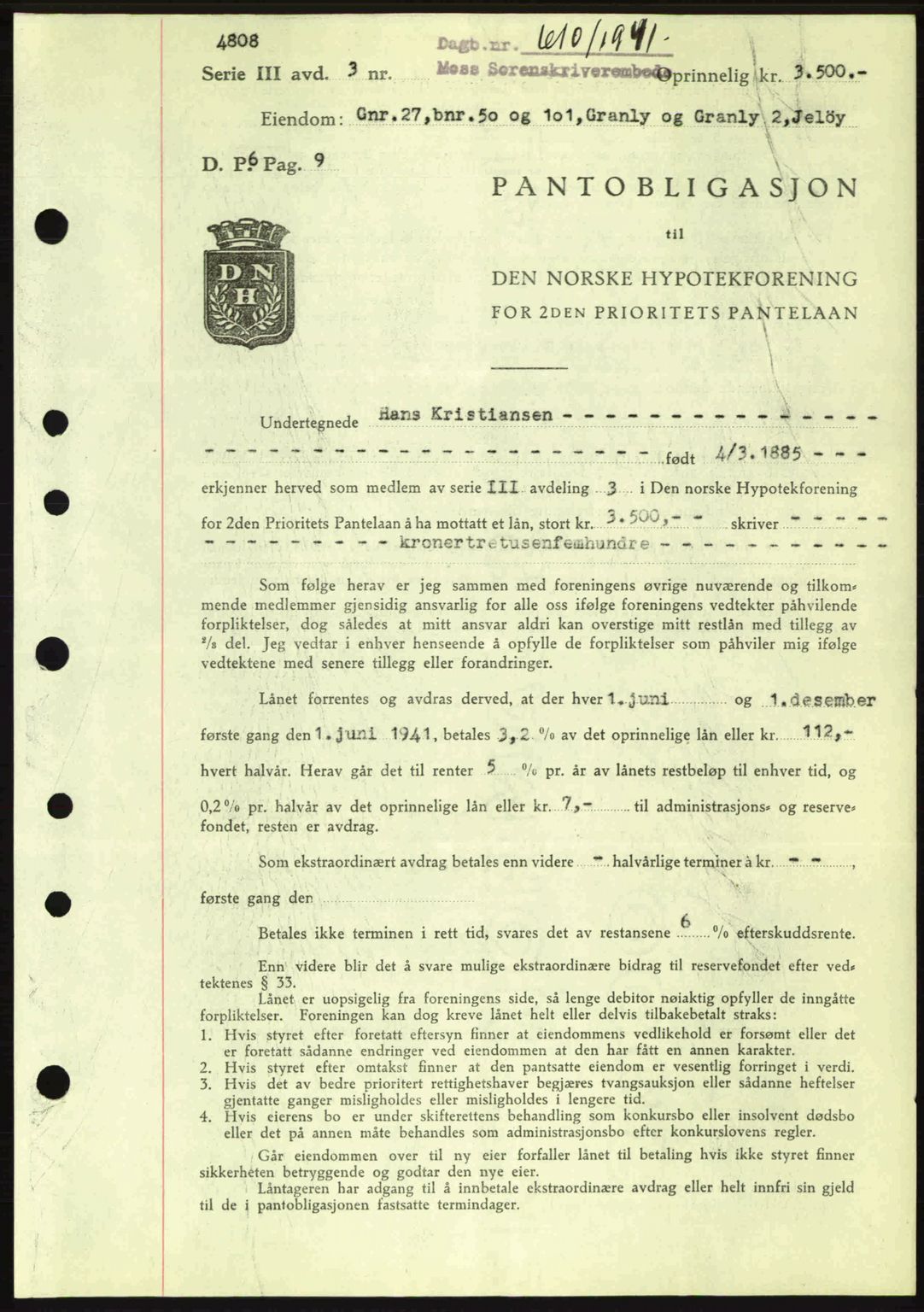 Moss sorenskriveri, SAO/A-10168: Mortgage book no. B10, 1940-1941, Diary no: : 610/1941