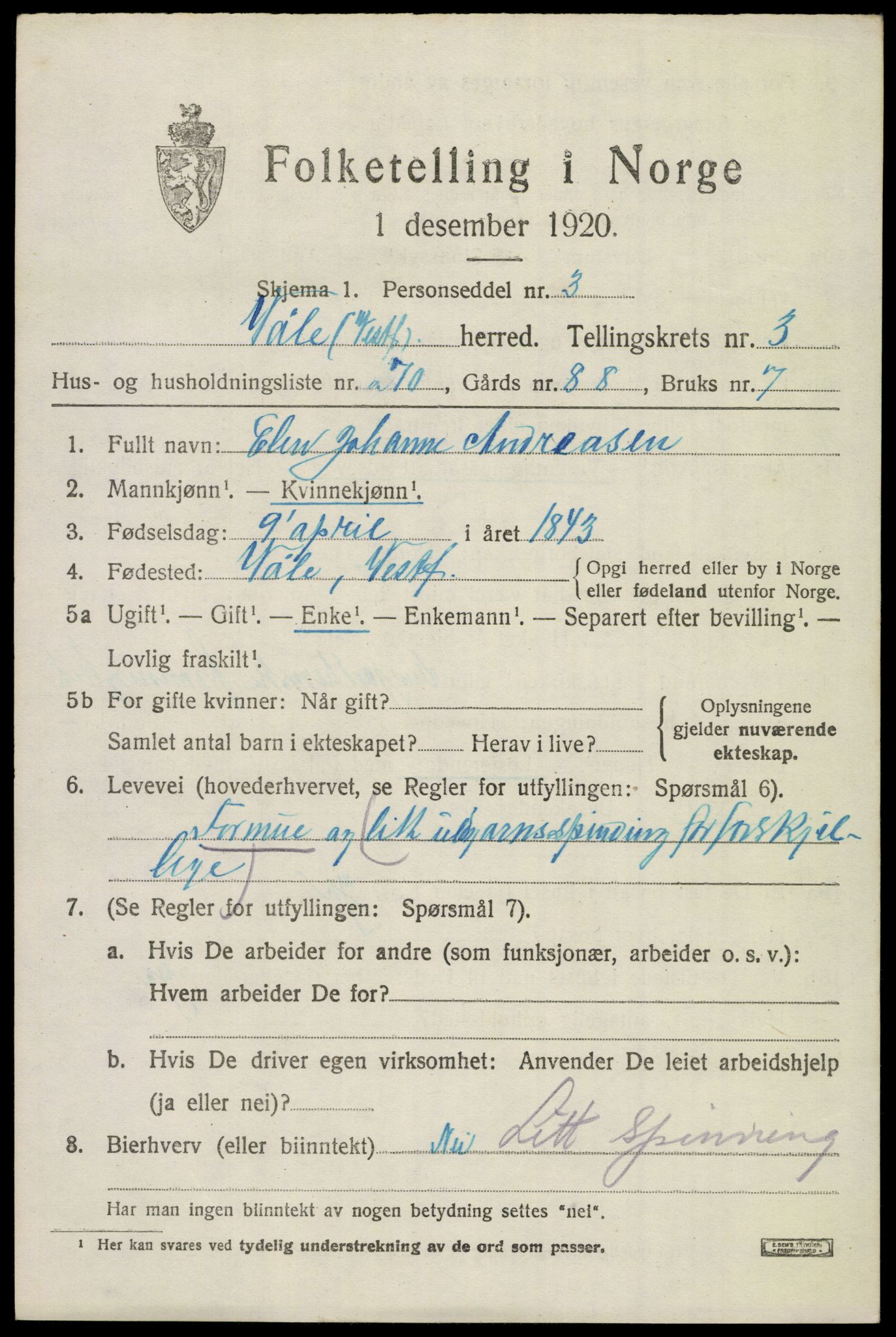 SAKO, 1920 census for Våle, 1920, p. 3140