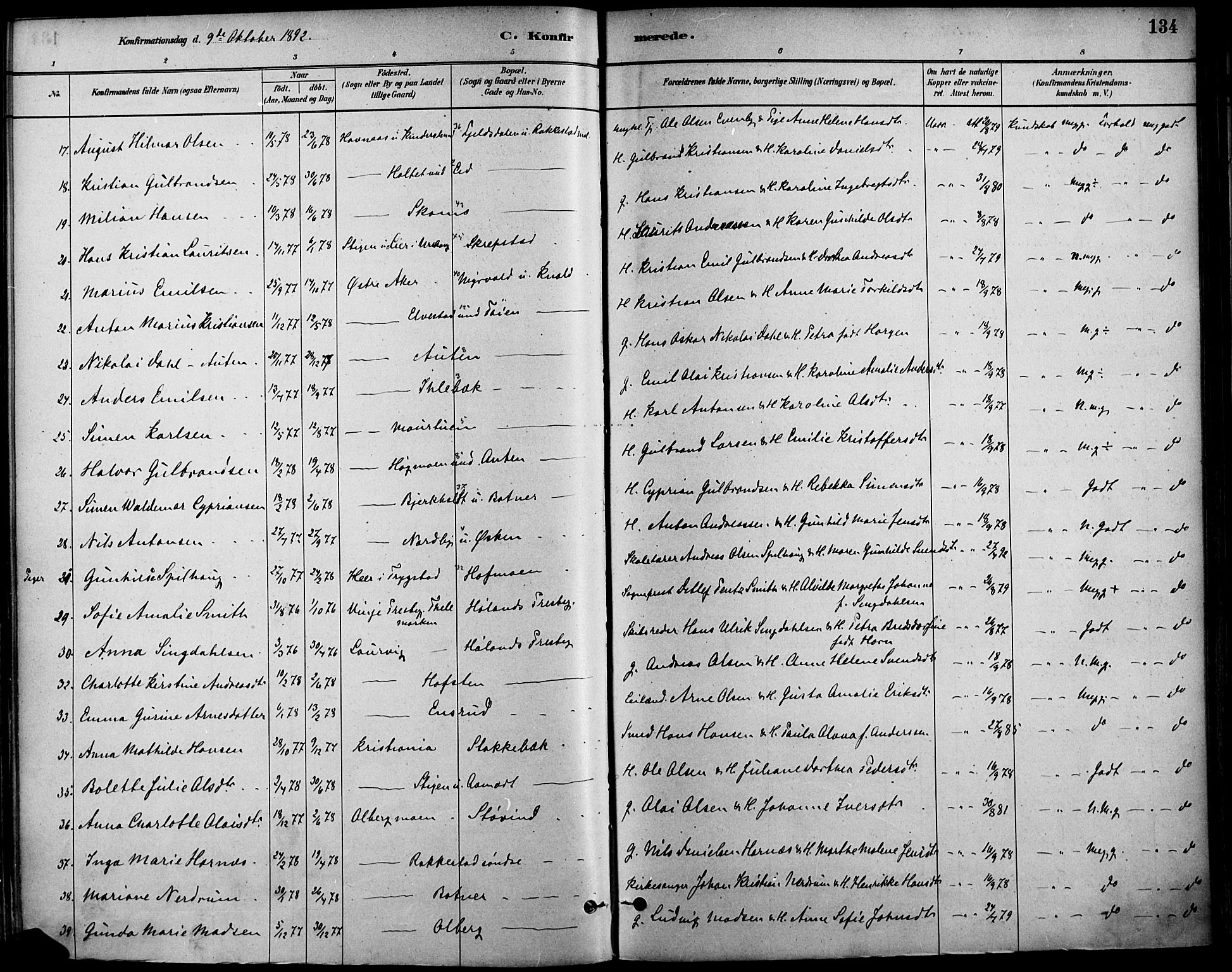 Høland prestekontor Kirkebøker, SAO/A-10346a/F/Fa/L0013: Parish register (official) no. I 13, 1880-1897, p. 134