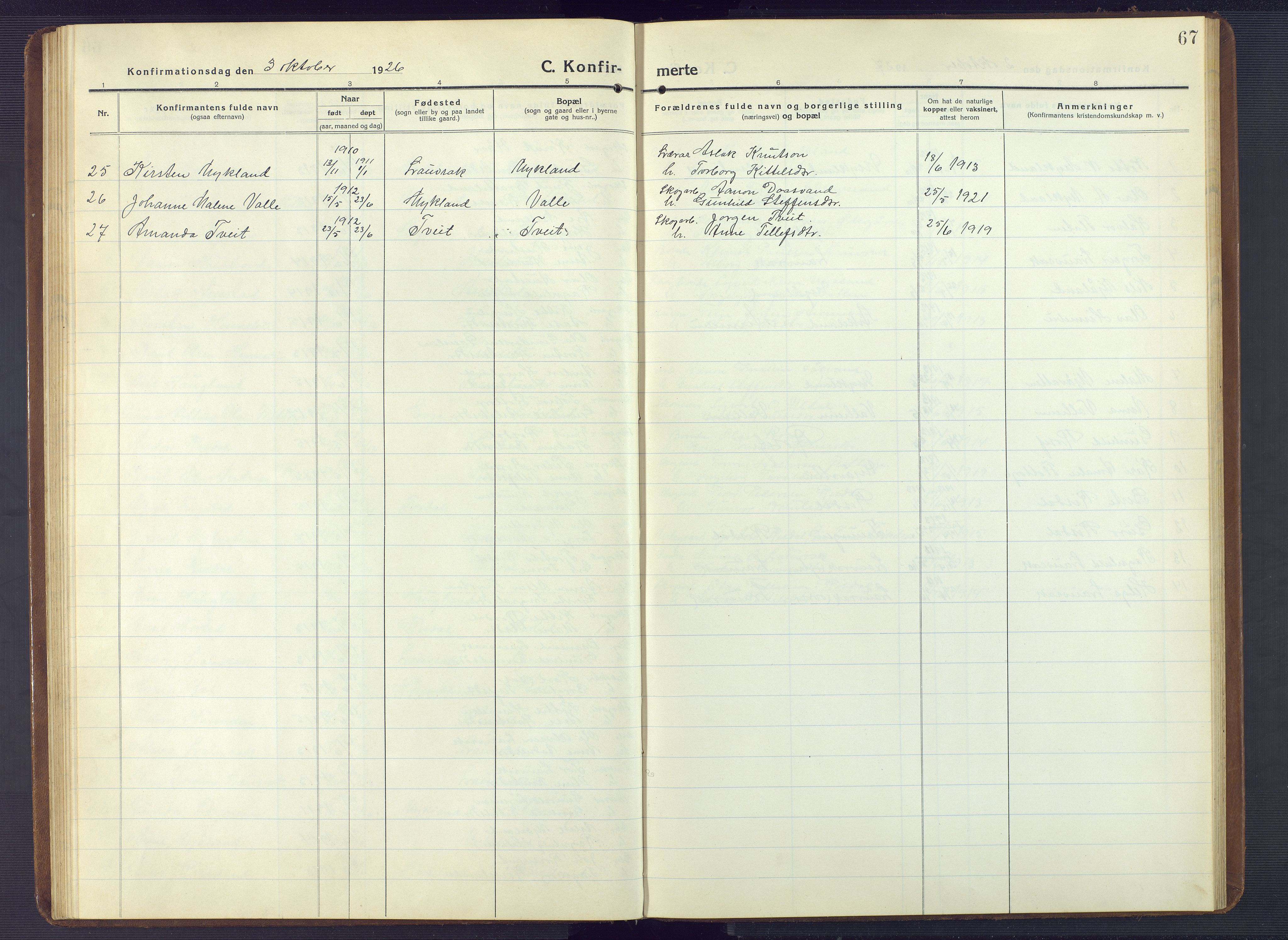 Herefoss sokneprestkontor, AV/SAK-1111-0019/F/Fb/Fbc/L0004: Parish register (copy) no. B 4, 1914-1946, p. 67