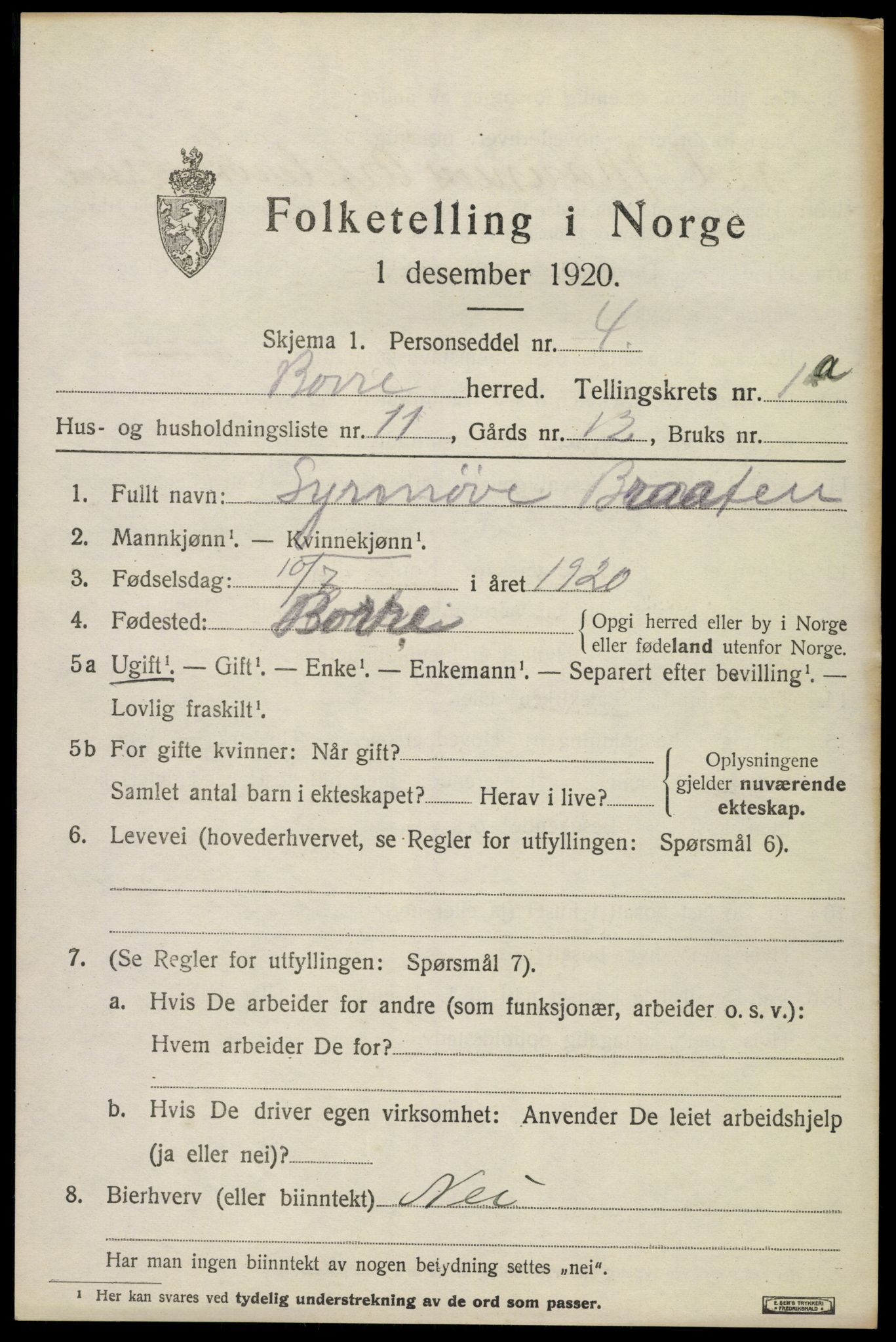 SAKO, 1920 census for Borre, 1920, p. 1556