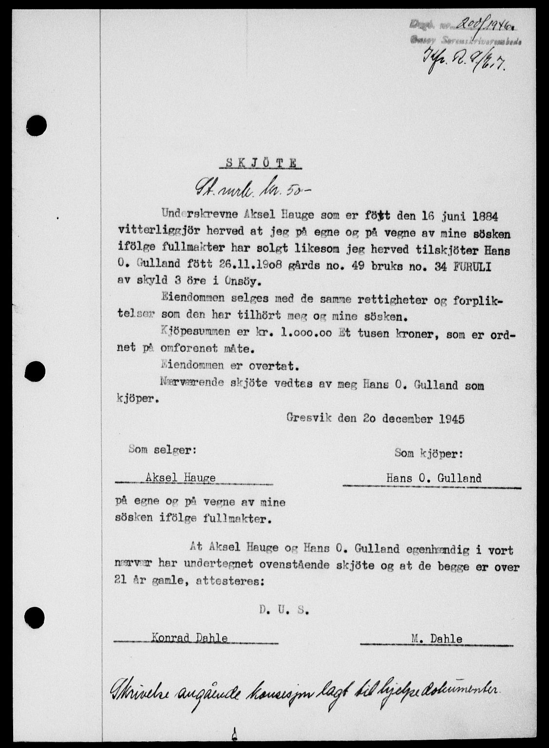 Onsøy sorenskriveri, SAO/A-10474/G/Ga/Gab/L0015: Mortgage book no. II A-15, 1945-1946, Diary no: : 200/1946