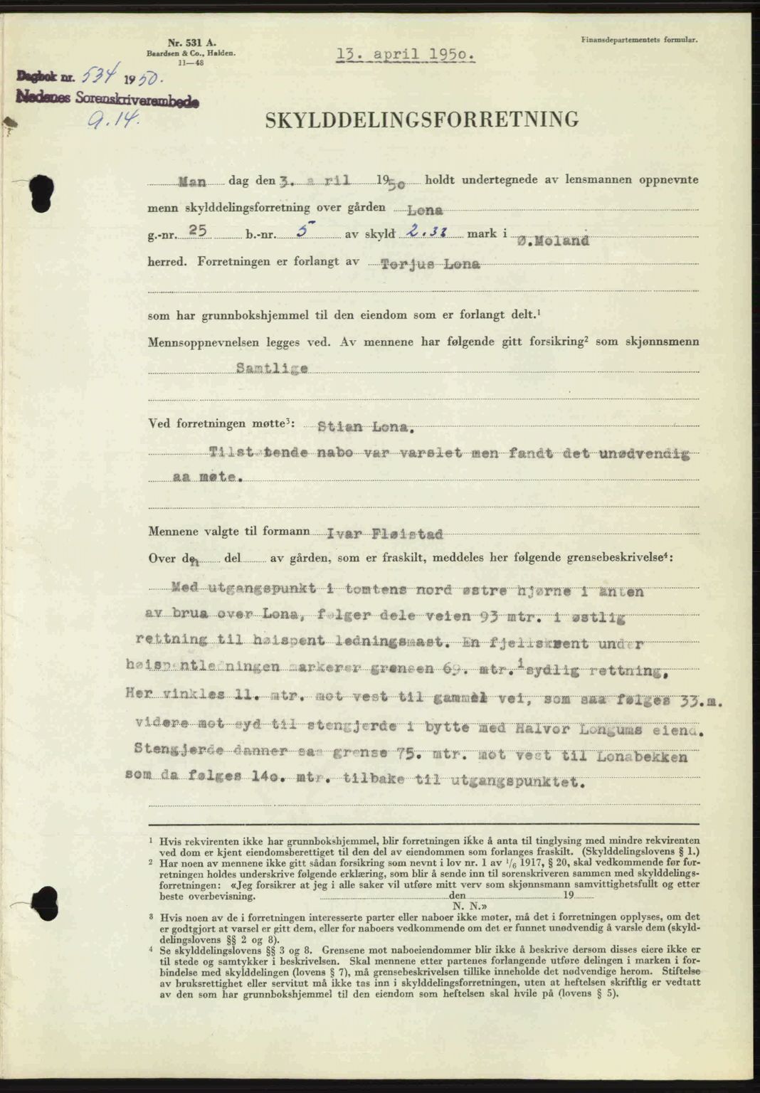 Nedenes sorenskriveri, SAK/1221-0006/G/Gb/Gba/L0062: Mortgage book no. A14, 1949-1950, Diary no: : 534/1950