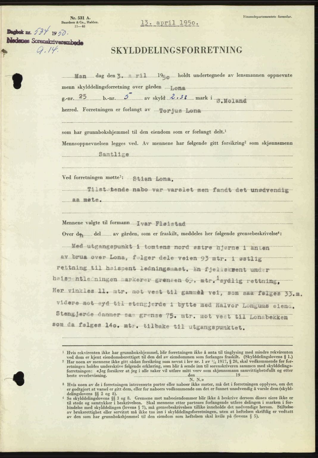 Nedenes sorenskriveri, AV/SAK-1221-0006/G/Gb/Gba/L0062: Mortgage book no. A14, 1949-1950, Diary no: : 534/1950