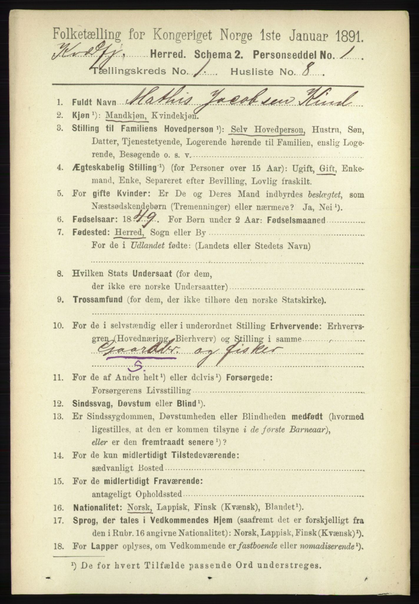 RA, 1891 census for 1911 Kvæfjord, 1891, p. 150