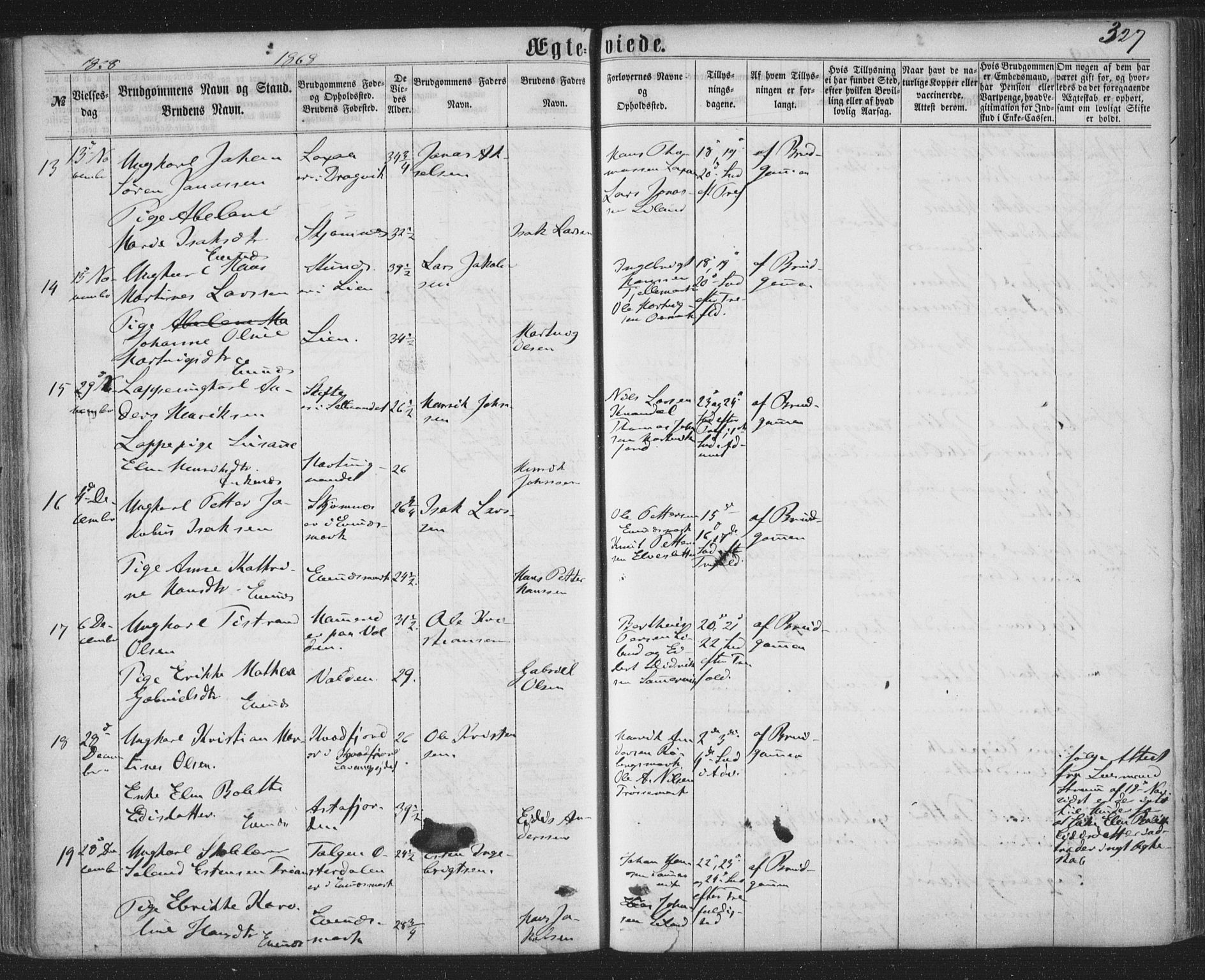 Ministerialprotokoller, klokkerbøker og fødselsregistre - Nordland, AV/SAT-A-1459/863/L0896: Parish register (official) no. 863A08, 1861-1871, p. 327