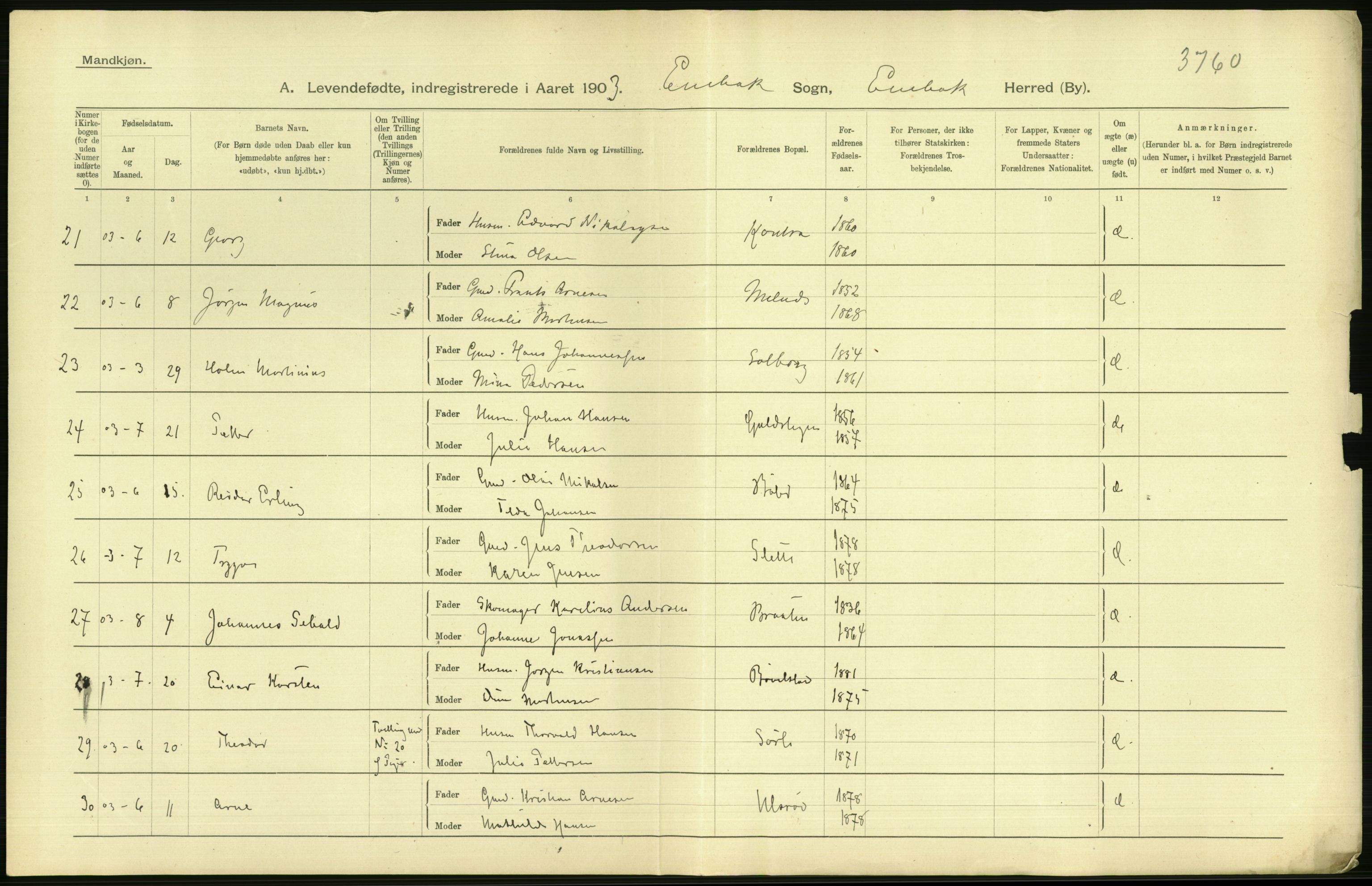 Statistisk sentralbyrå, Sosiodemografiske emner, Befolkning, AV/RA-S-2228/D/Df/Dfa/Dfaa/L0002: Akershus amt: Fødte, gifte, døde, 1903, p. 80