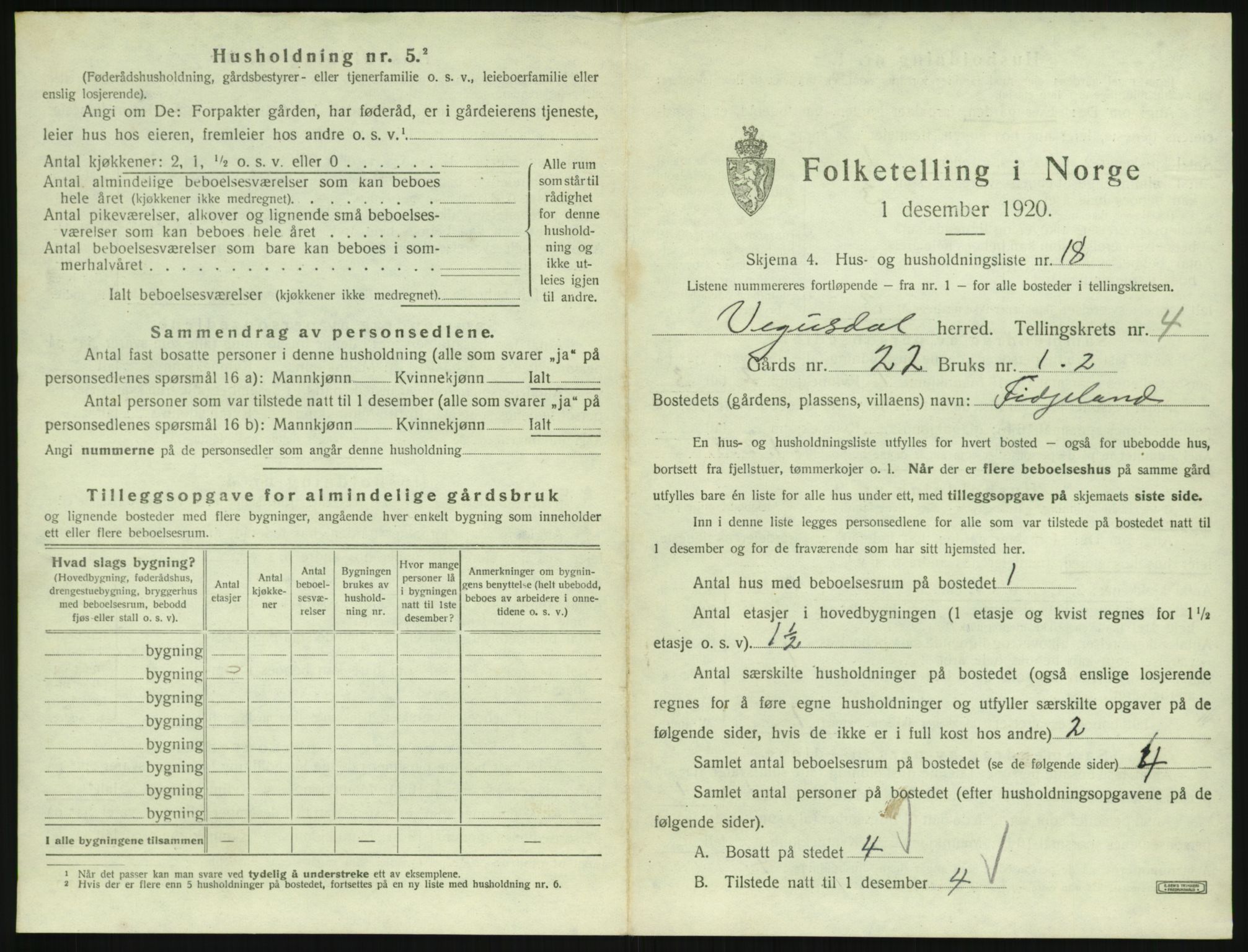 SAK, 1920 census for Vegusdal, 1920, p. 199