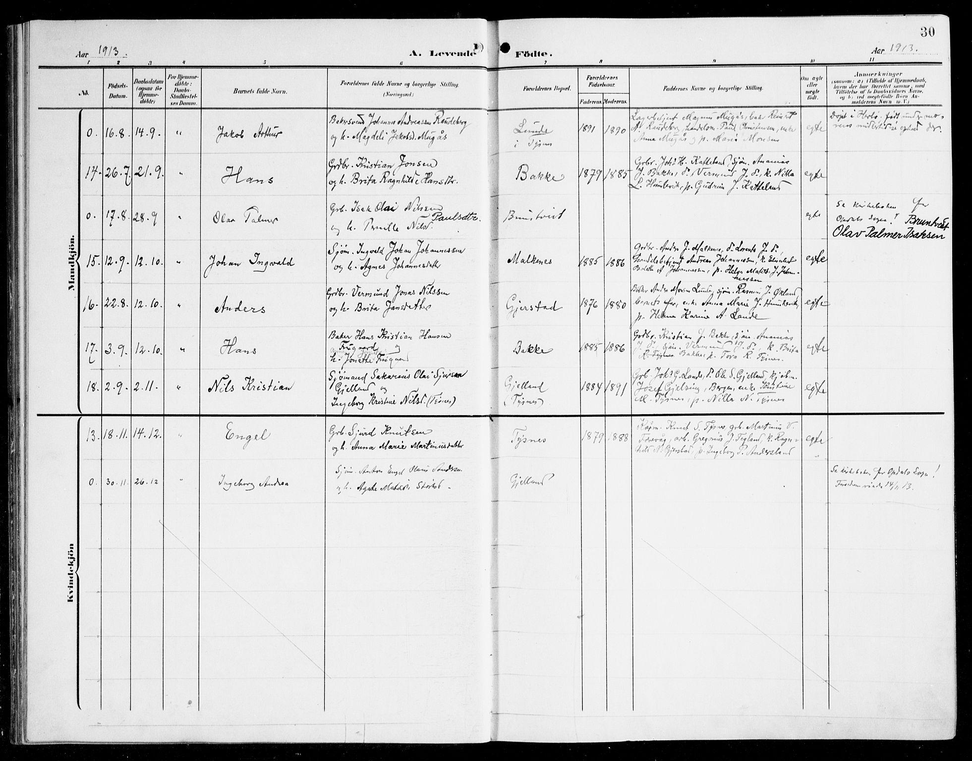 Tysnes sokneprestembete, AV/SAB-A-78601/H/Haa: Parish register (official) no. B 2, 1907-1925, p. 30