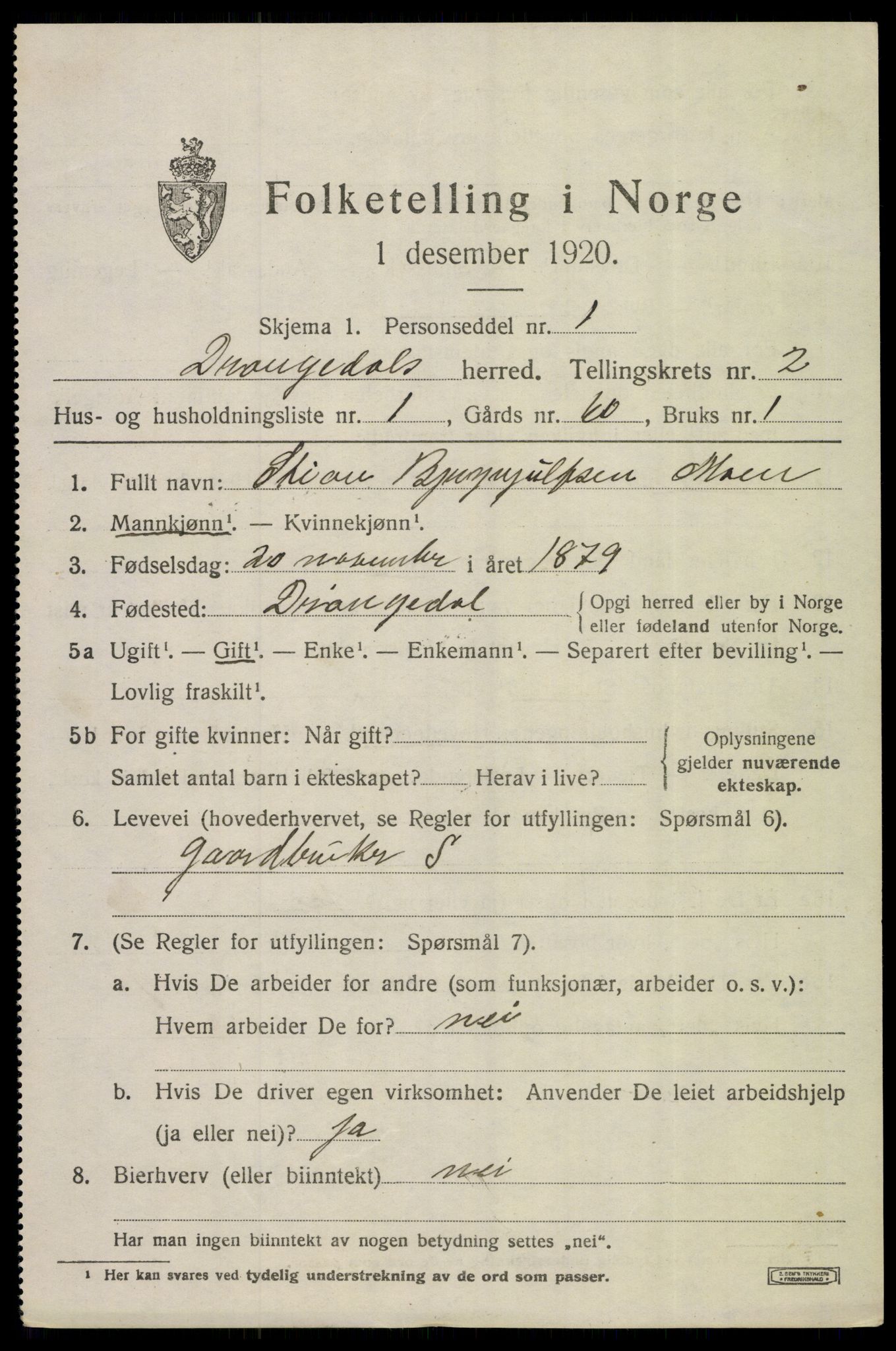 SAKO, 1920 census for Drangedal, 1920, p. 2069