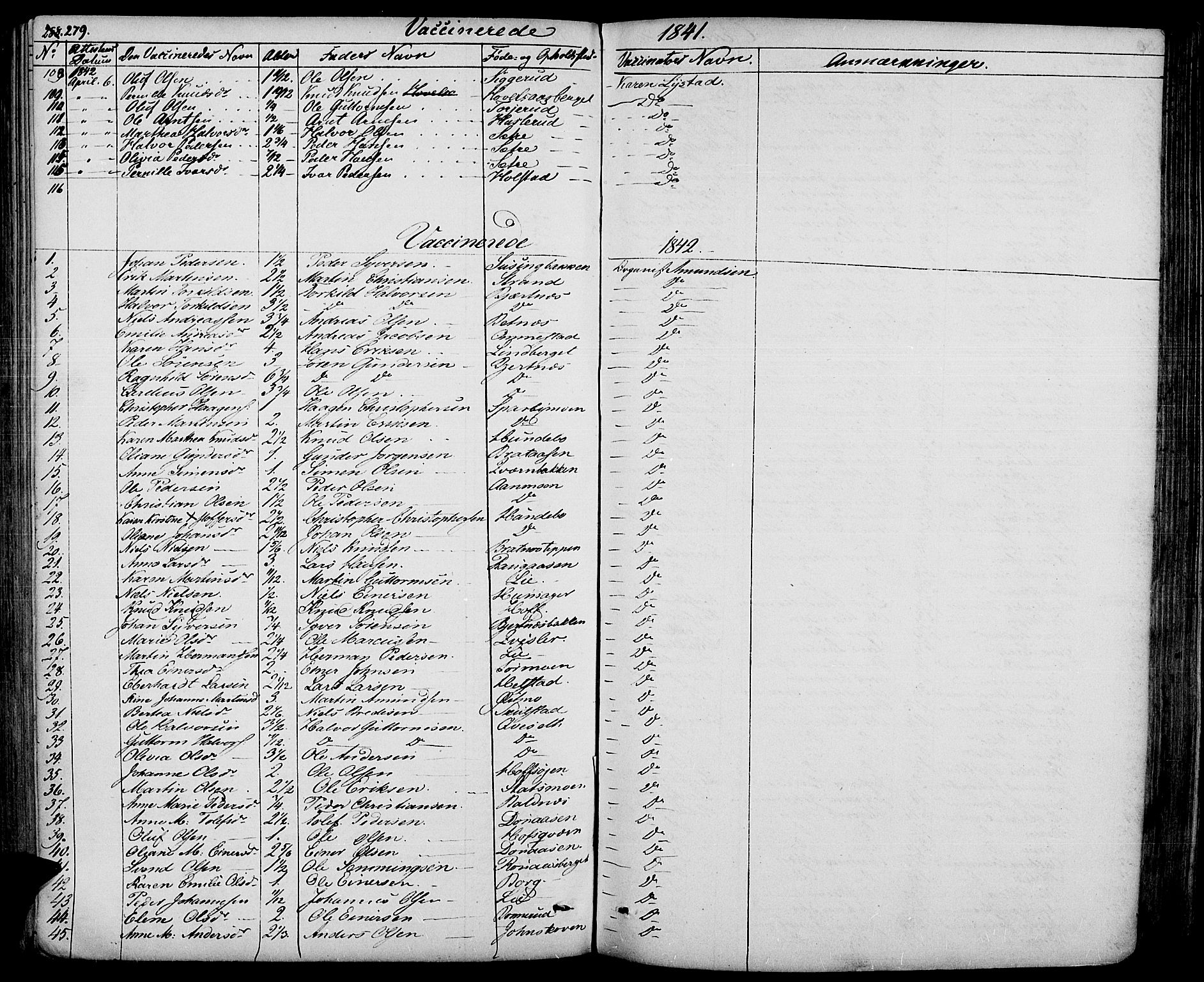 Hof prestekontor, SAH/PREST-038/H/Ha/Haa/L0007: Parish register (official) no. 7, 1841-1848, p. 279