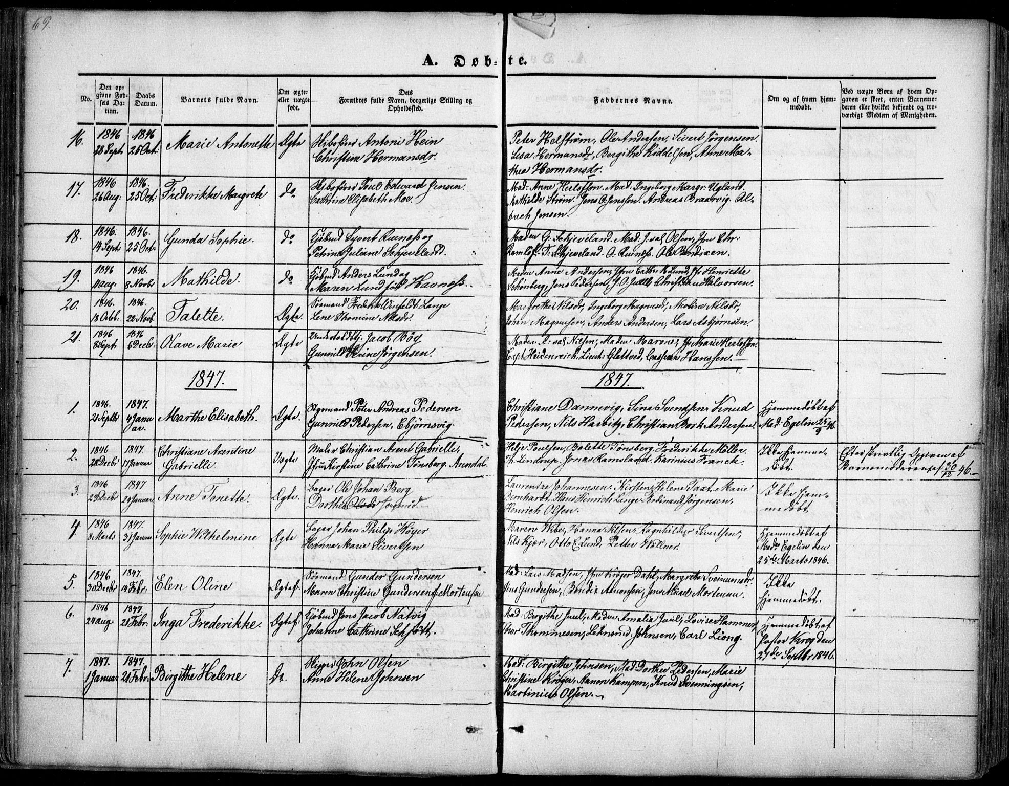 Arendal sokneprestkontor, Trefoldighet, SAK/1111-0040/F/Fa/L0005: Parish register (official) no. A 5, 1838-1854, p. 69