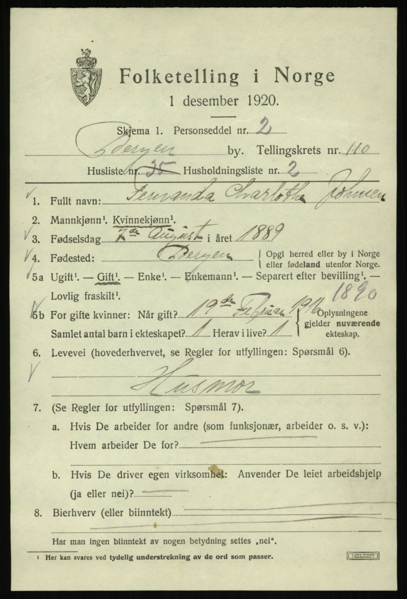 SAB, 1920 census for Bergen, 1920, p. 190548