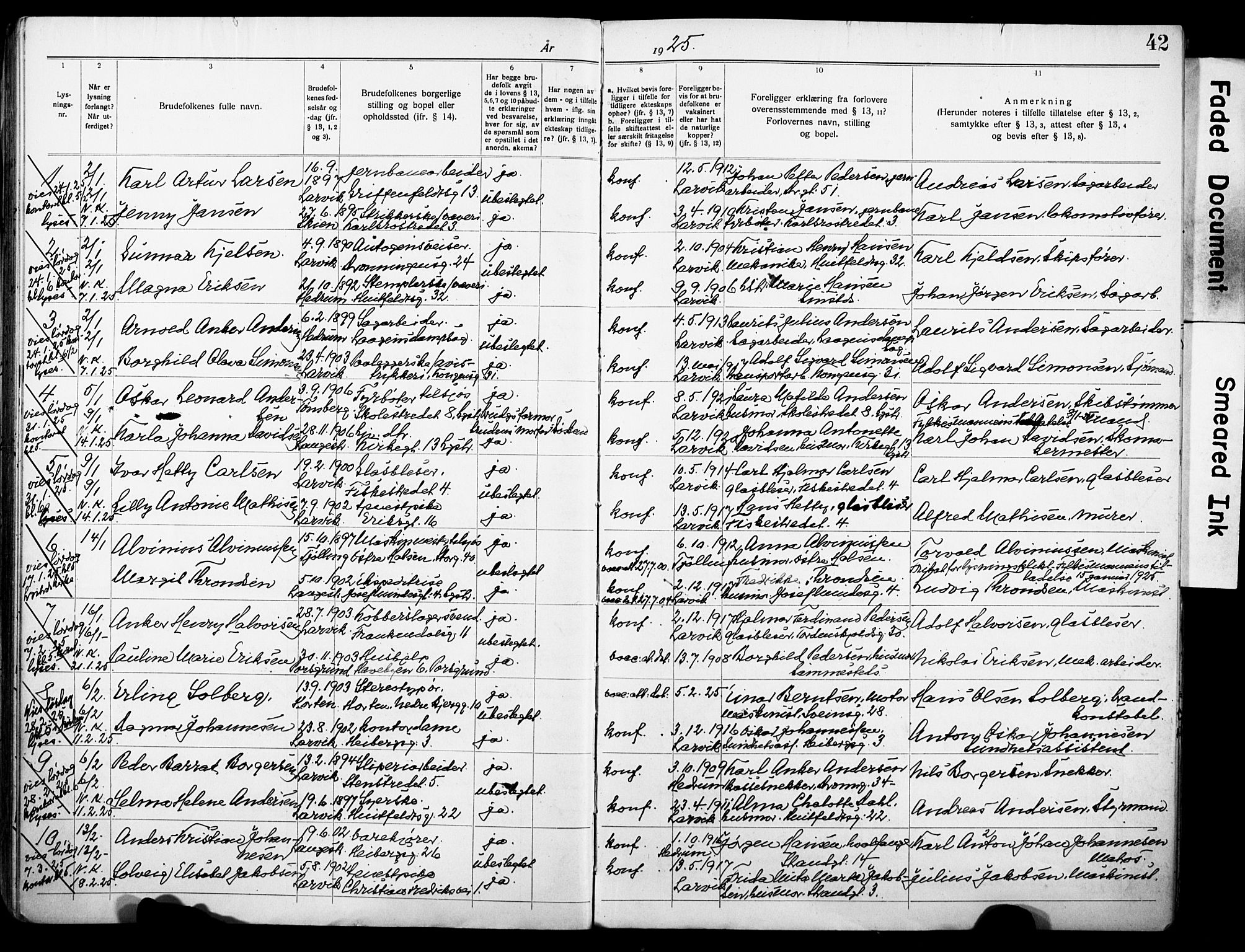 Larvik kirkebøker, SAKO/A-352/H/Ha/L0005: Banns register no. 5, 1920-1933, p. 42