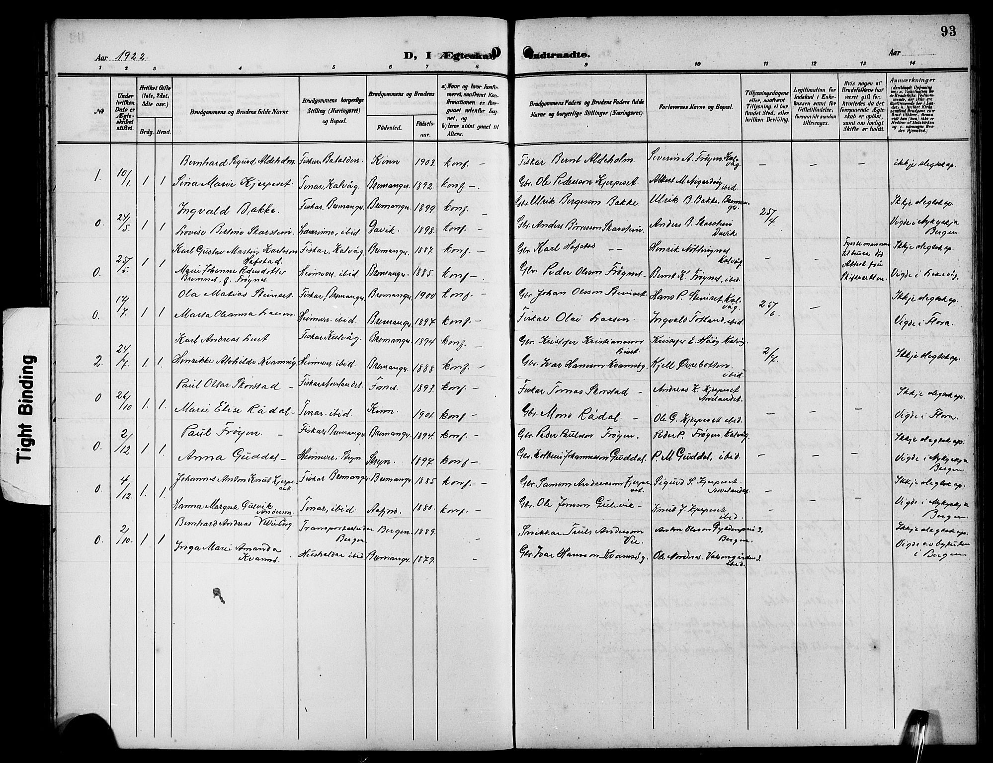 Bremanger sokneprestembete, SAB/A-82201/H/Hab/Habb/L0001: Parish register (copy) no. B 1, 1906-1925, p. 93