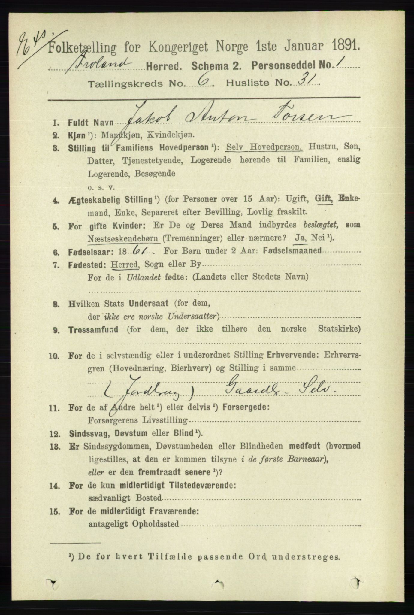 RA, Census 1891 for Nedenes amt: Gjenparter av personsedler for beslektede ektefeller, menn, 1891, p. 449