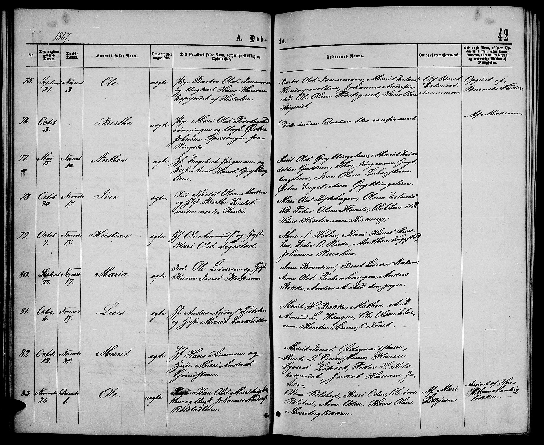 Sør-Fron prestekontor, SAH/PREST-010/H/Ha/Hab/L0002: Parish register (copy) no. 2, 1864-1883, p. 42