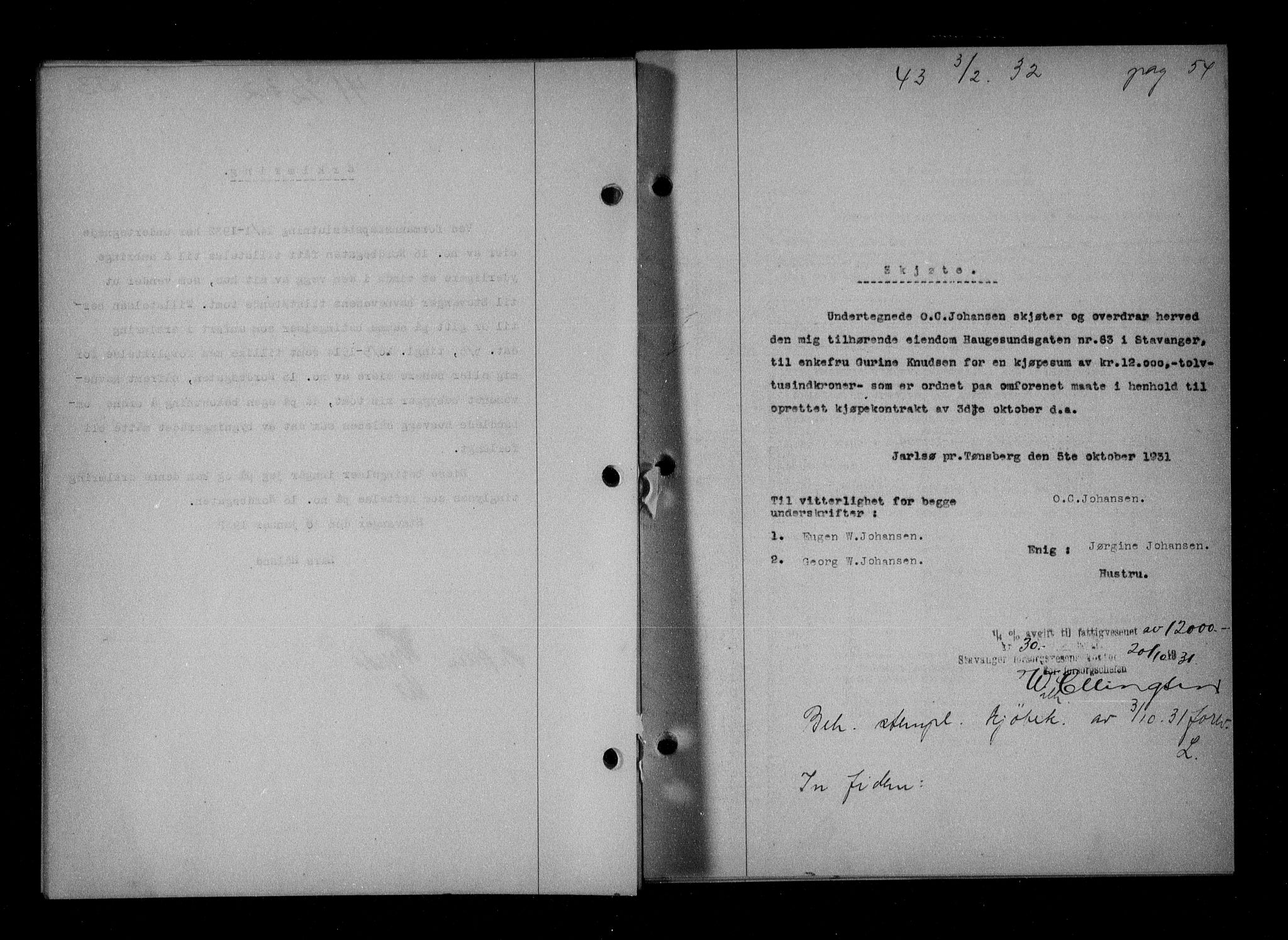 Stavanger byfogd, SAST/A-101408/001/4/41/410/410BB/L0061: Mortgage book no. 51, 1932-1932, Deed date: 03.02.1932