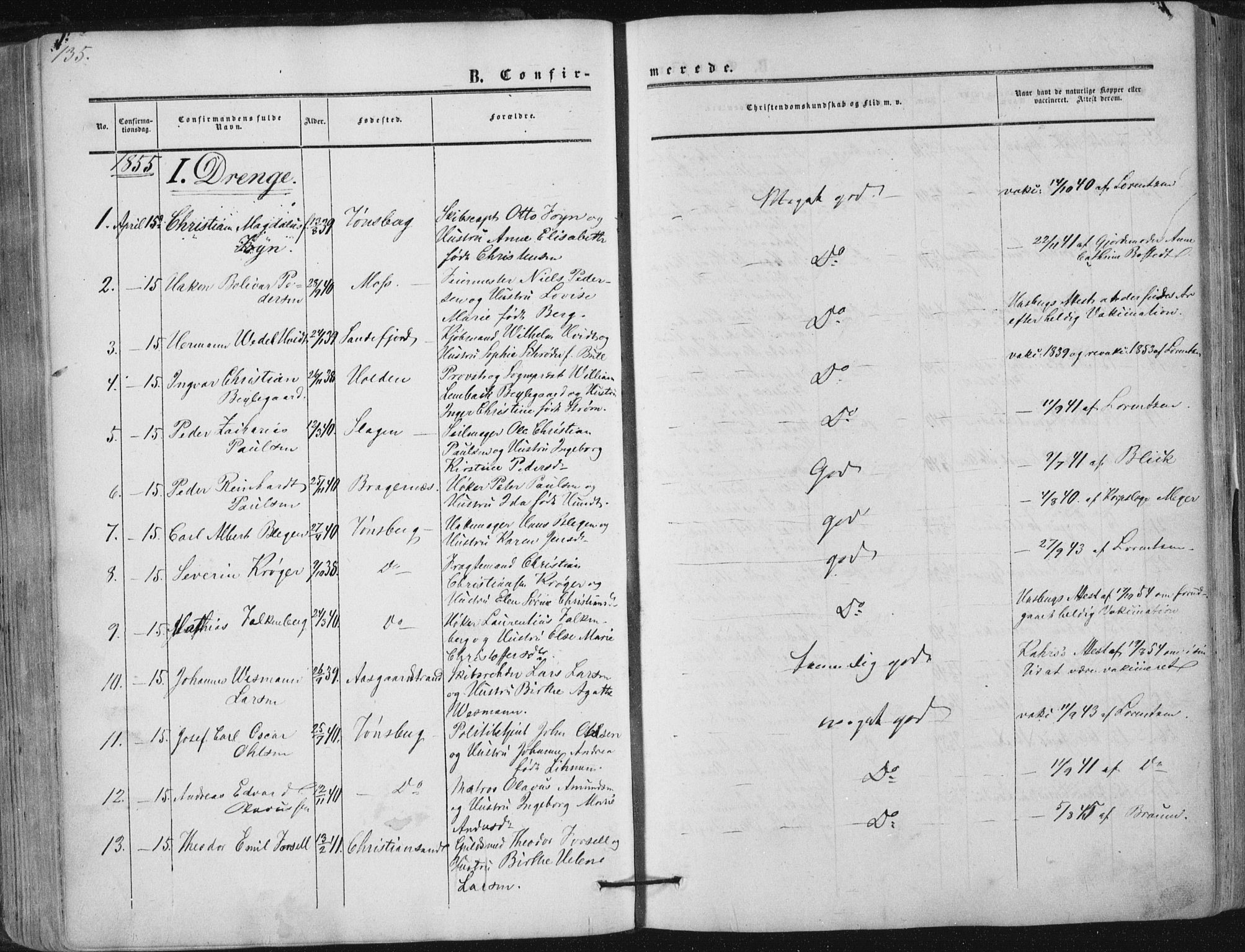 Tønsberg kirkebøker, SAKO/A-330/F/Fa/L0008: Parish register (official) no. I 8, 1855-1864, p. 135