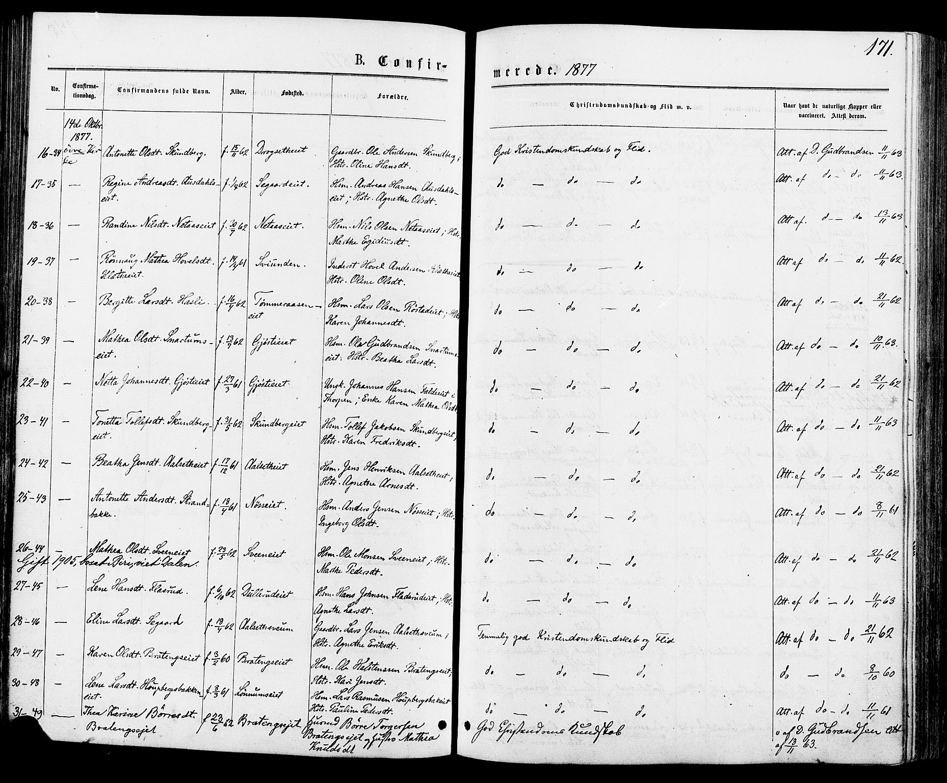 Biri prestekontor, SAH/PREST-096/H/Ha/Haa/L0006: Parish register (official) no. 6, 1877-1886, p. 171
