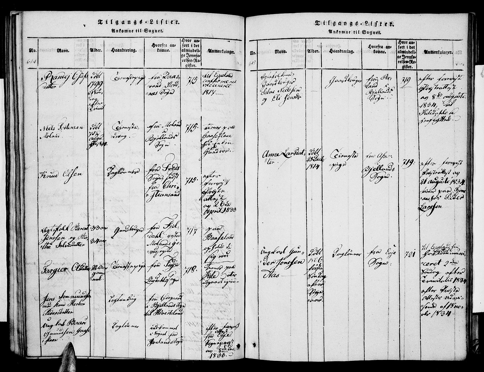 Vennesla sokneprestkontor, AV/SAK-1111-0045/Fa/Faa/L0003: Parish register (official) no. A 3, 1820-1834, p. 614-615