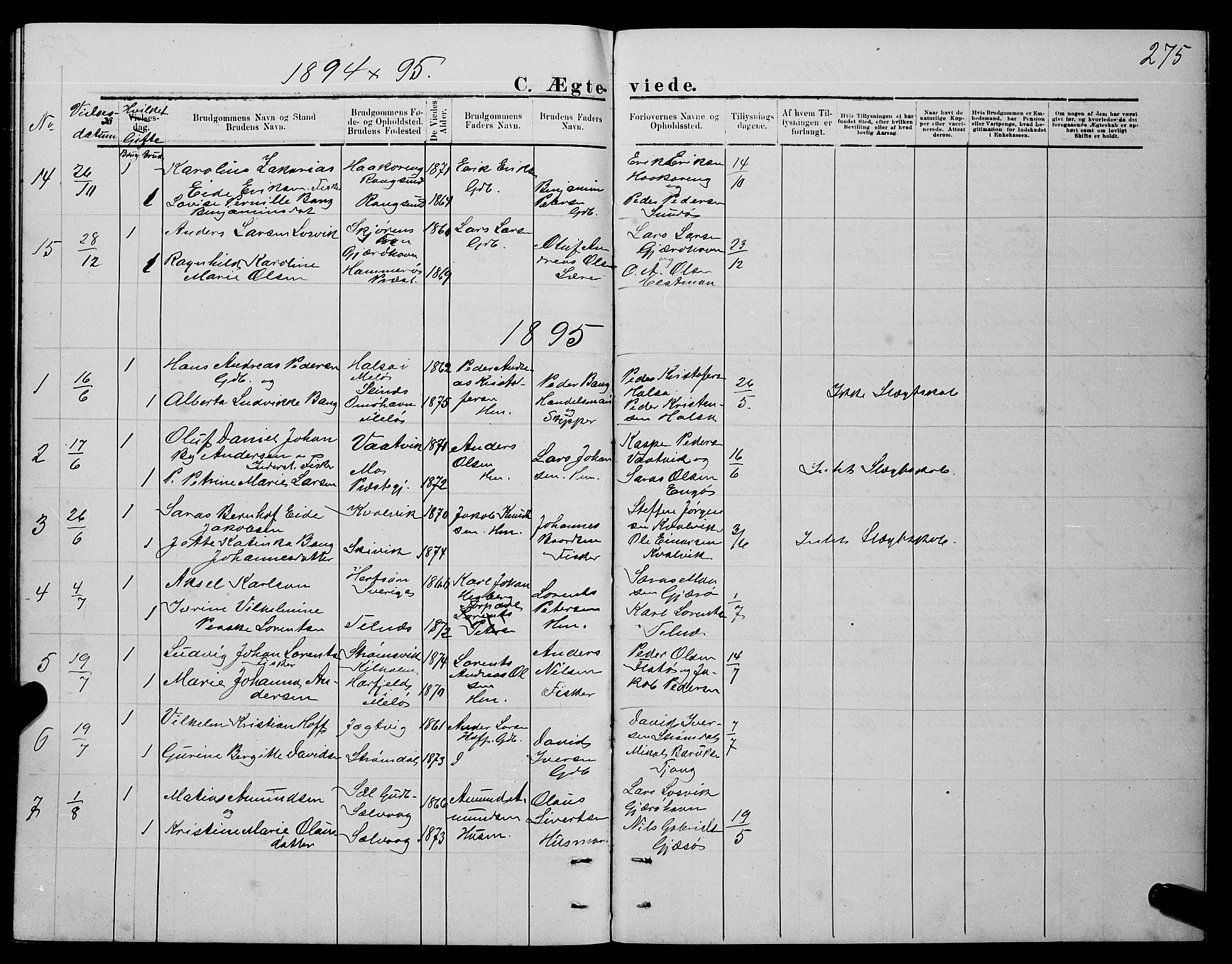 Ministerialprotokoller, klokkerbøker og fødselsregistre - Nordland, AV/SAT-A-1459/841/L0620: Parish register (copy) no. 841C04, 1877-1896, p. 275